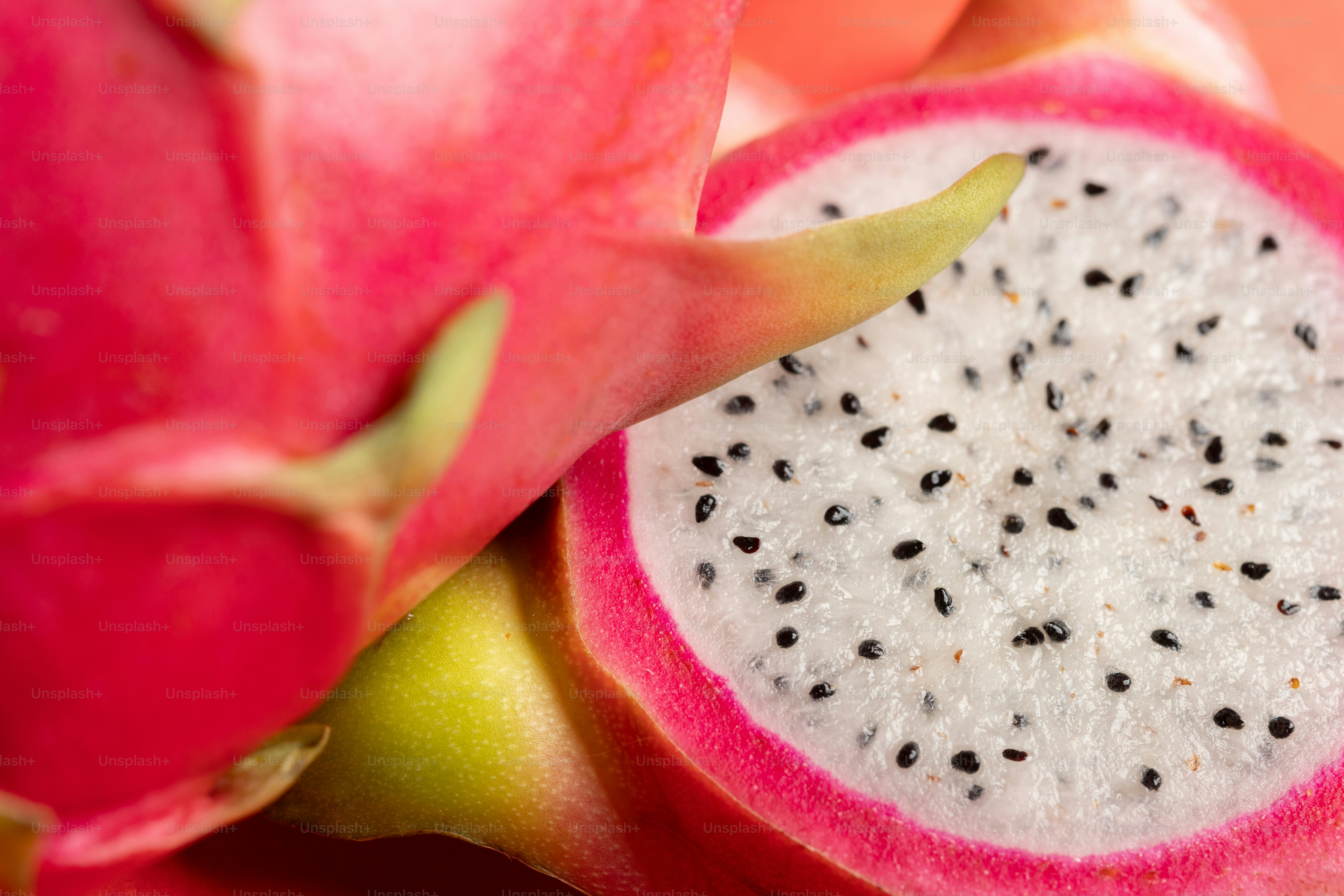 A close up of a dragon fruit on a table