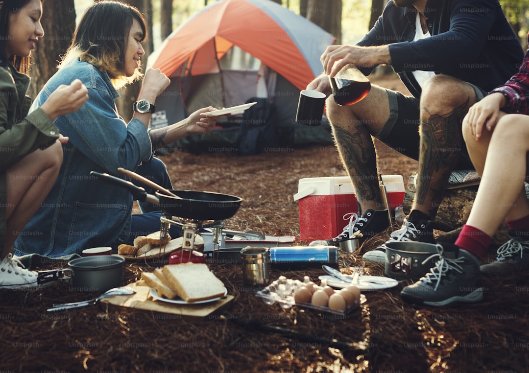 Camping cooking in a forest with friends