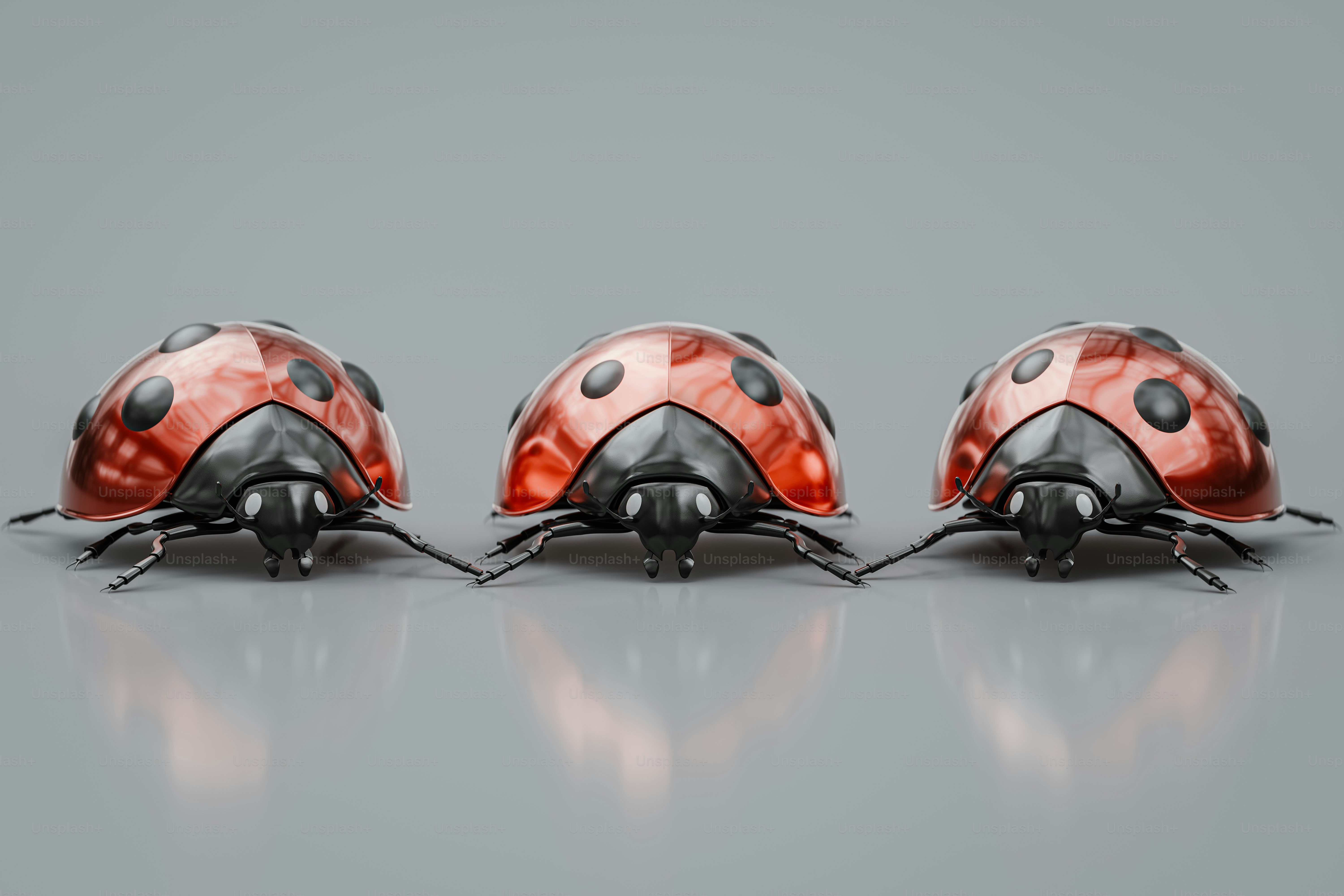 Detailed close-up of multiple ladybugs in artistic metallic material. 3D render.