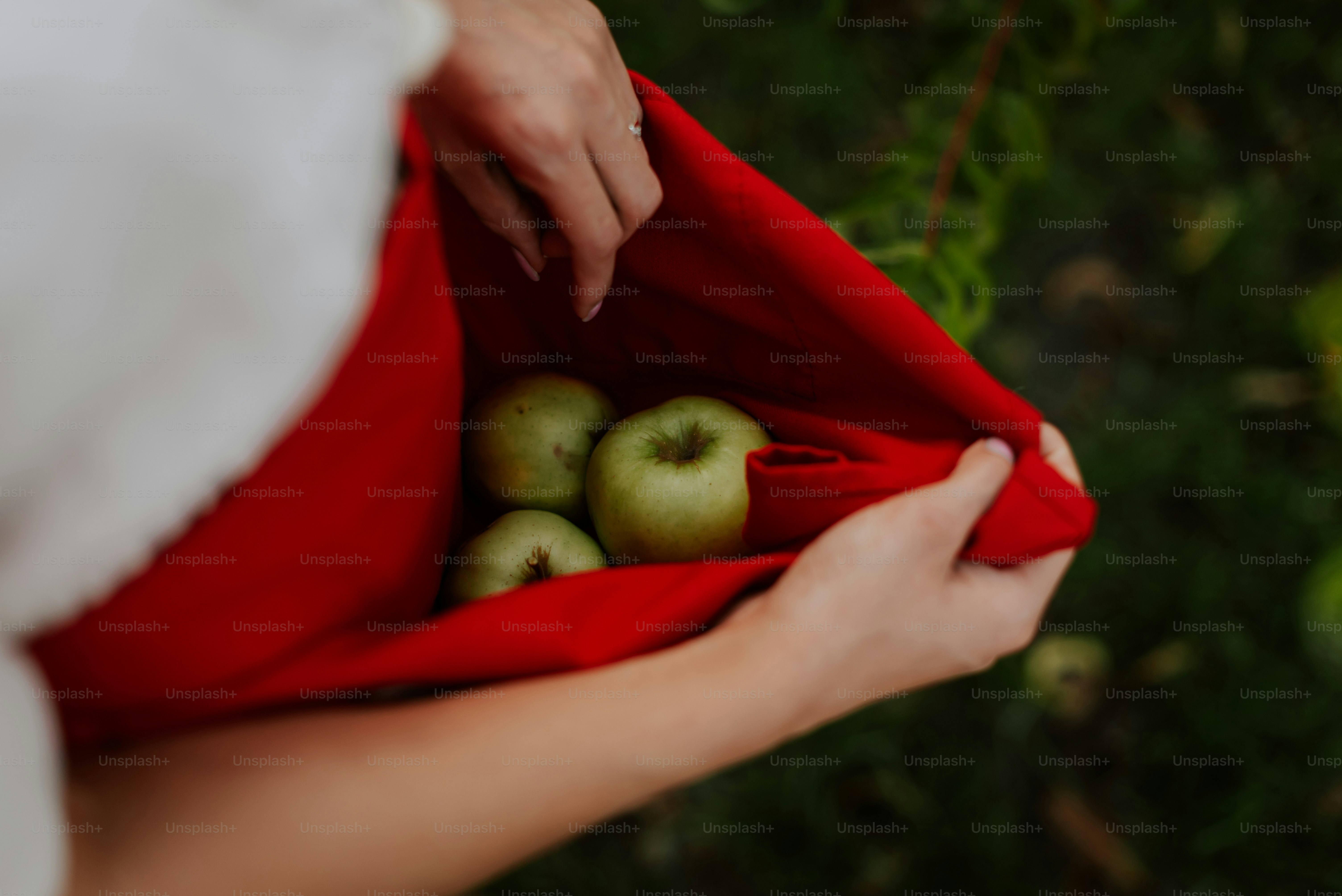 A woman holding a red bag filled with green apples