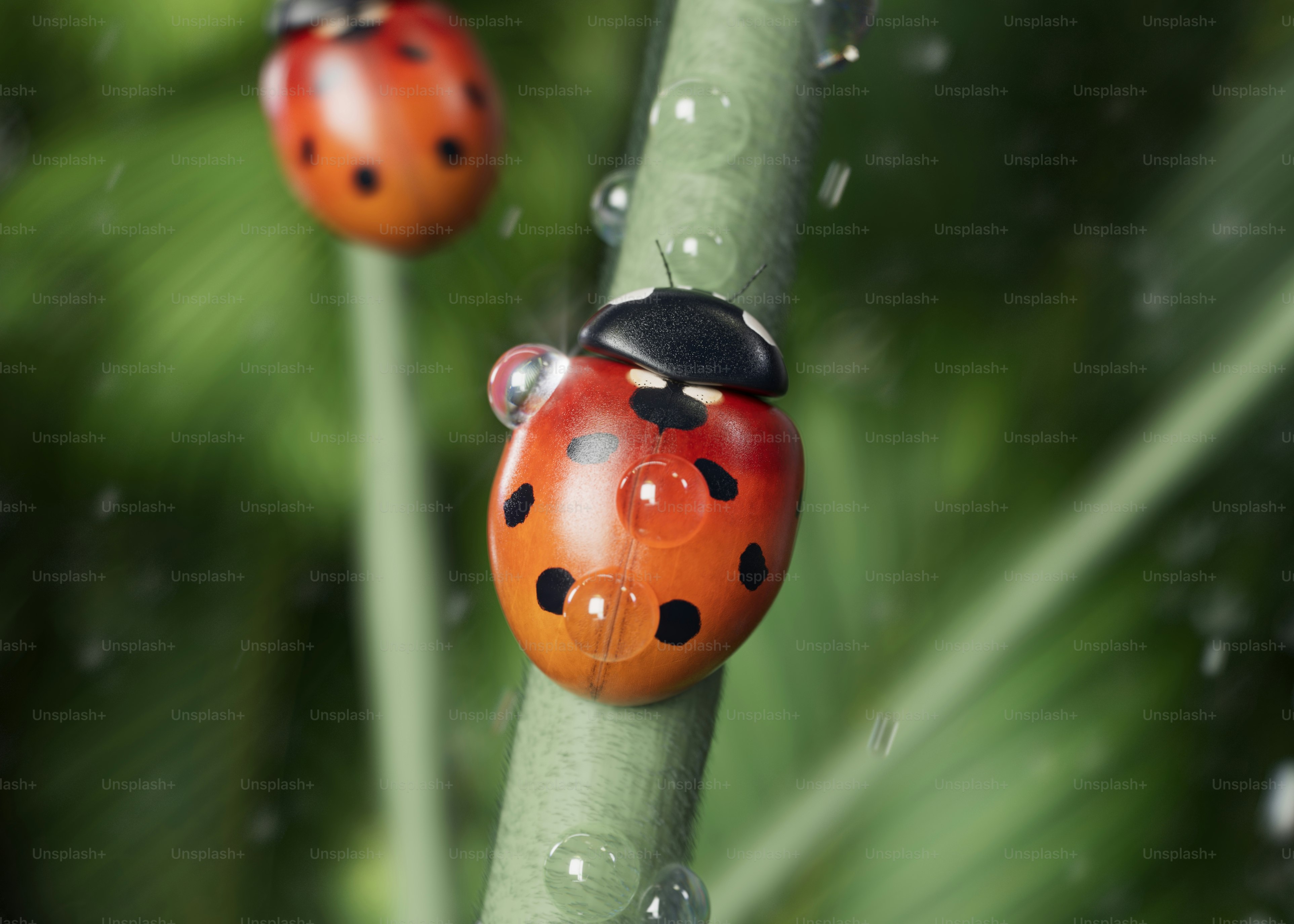 A couple of ladybugs sitting on top of a green plant