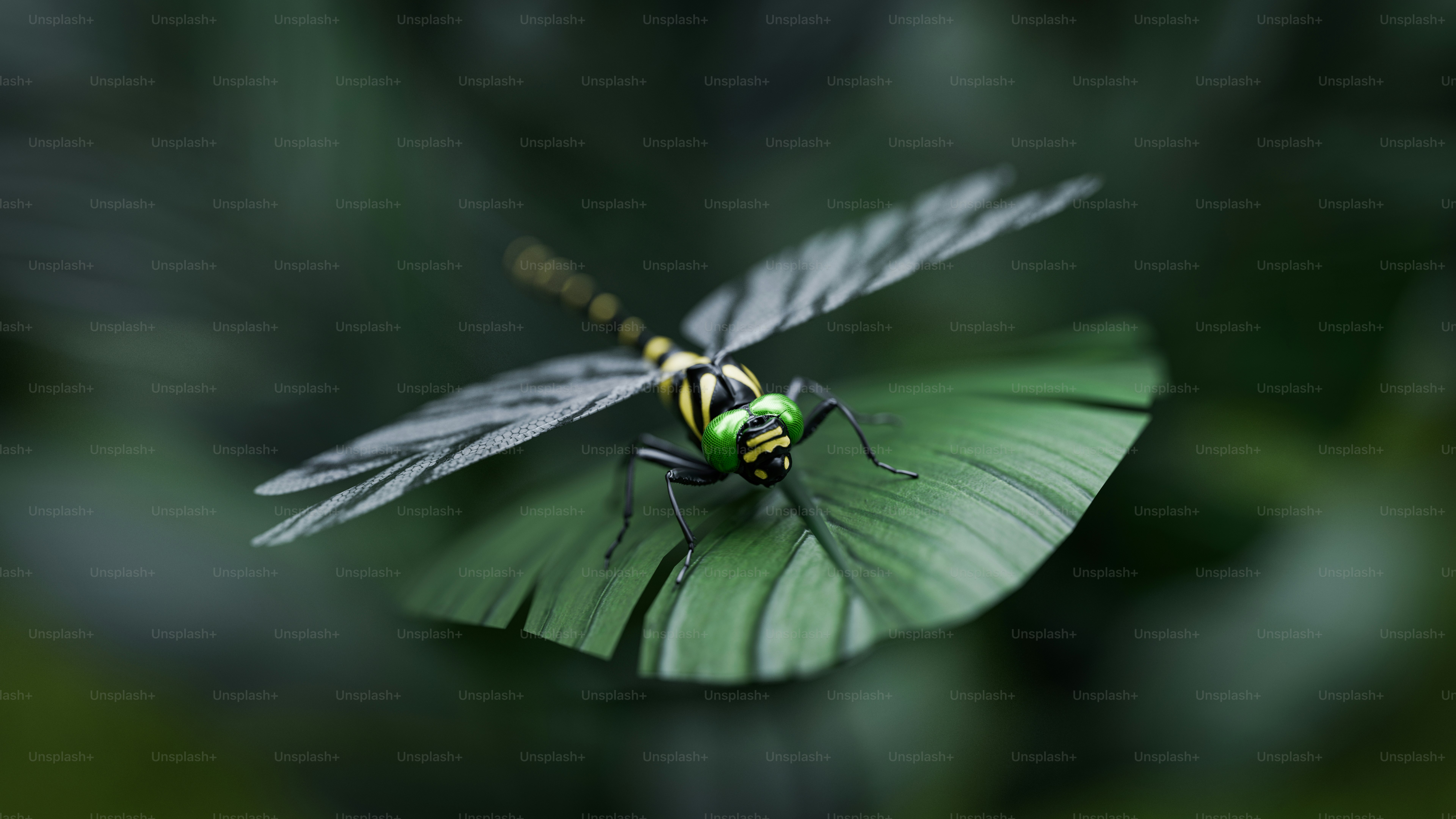 葉の上に座っている緑のトンボ