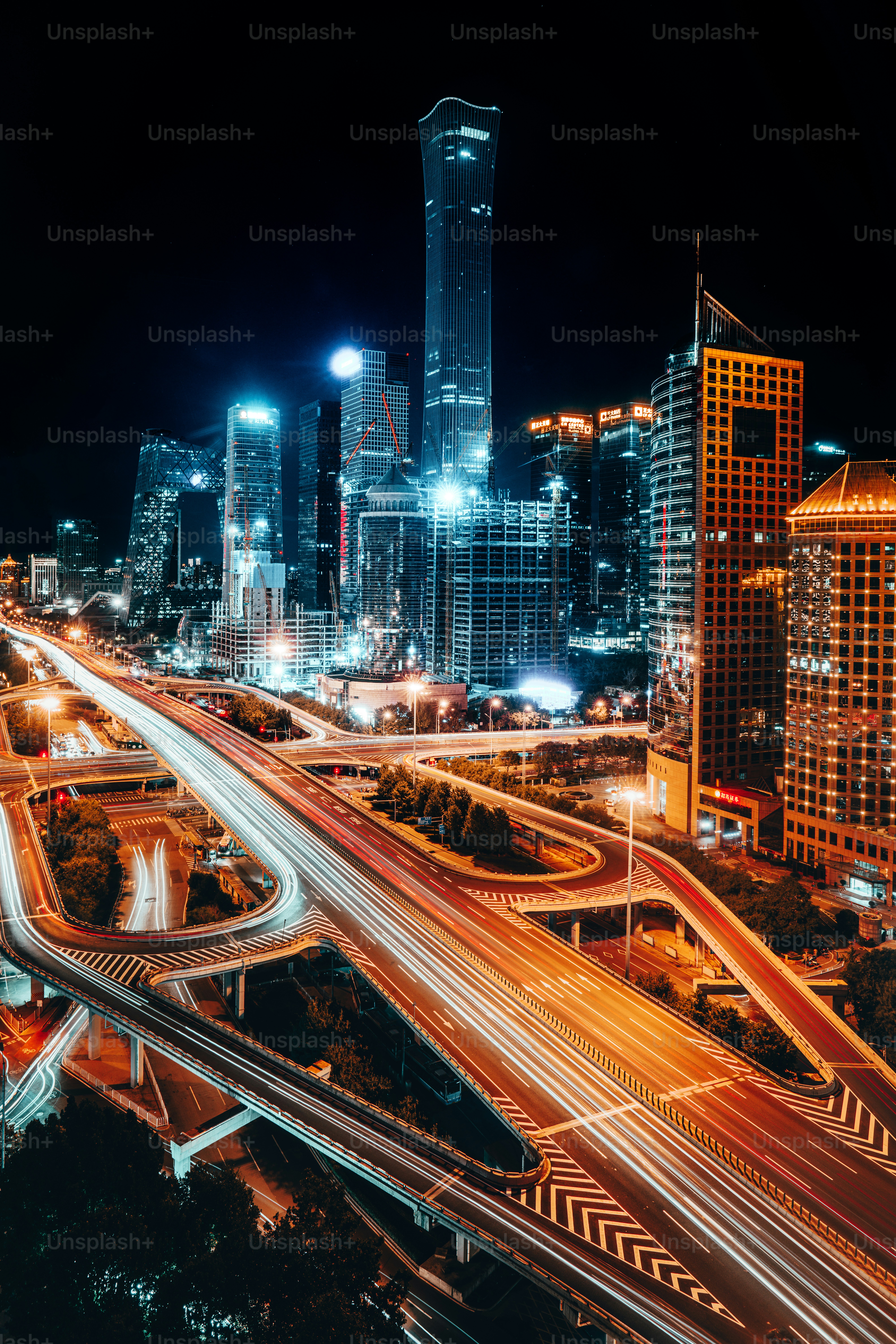 An aerial view of a city at night