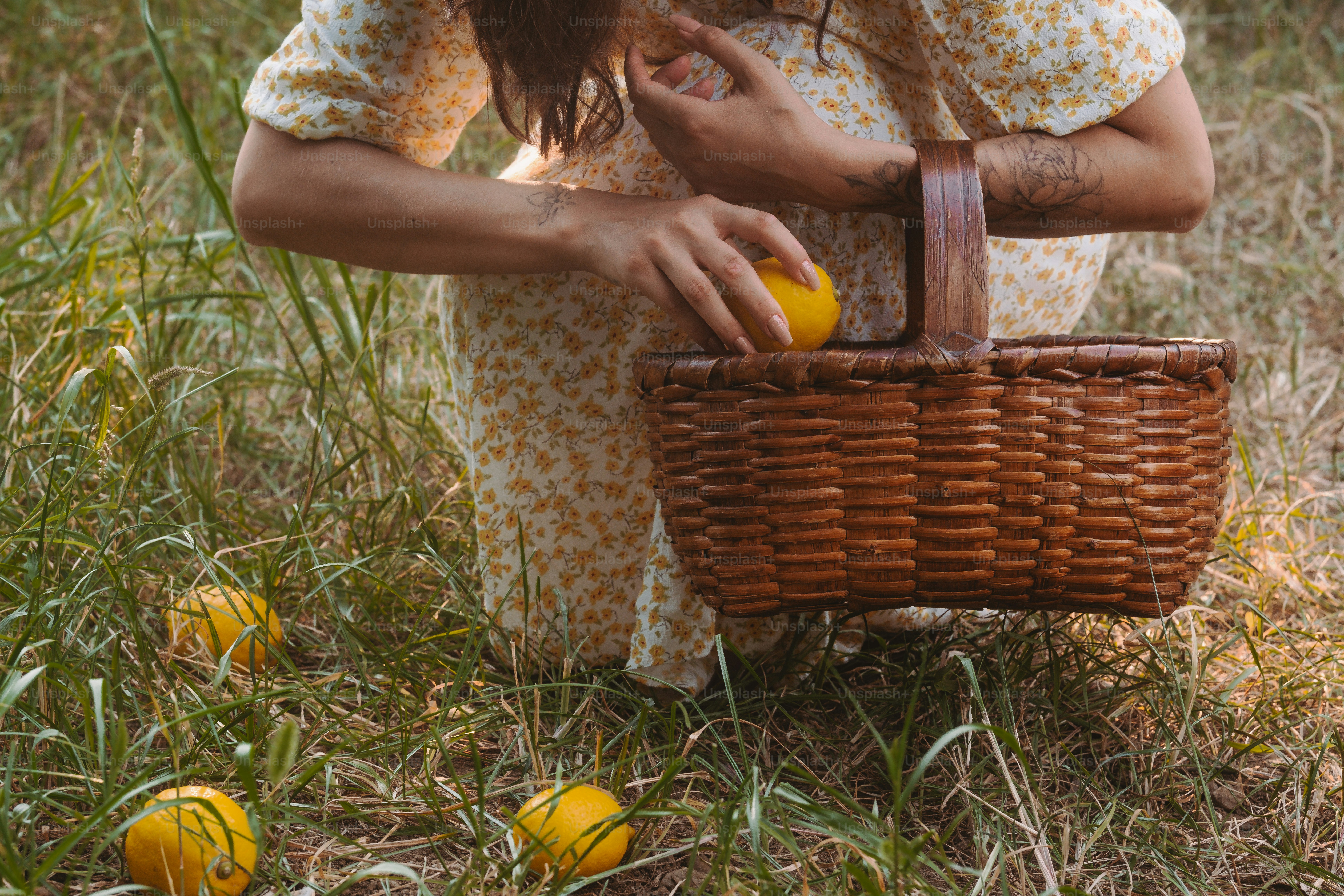 A woman holding a basket of eggs in a field