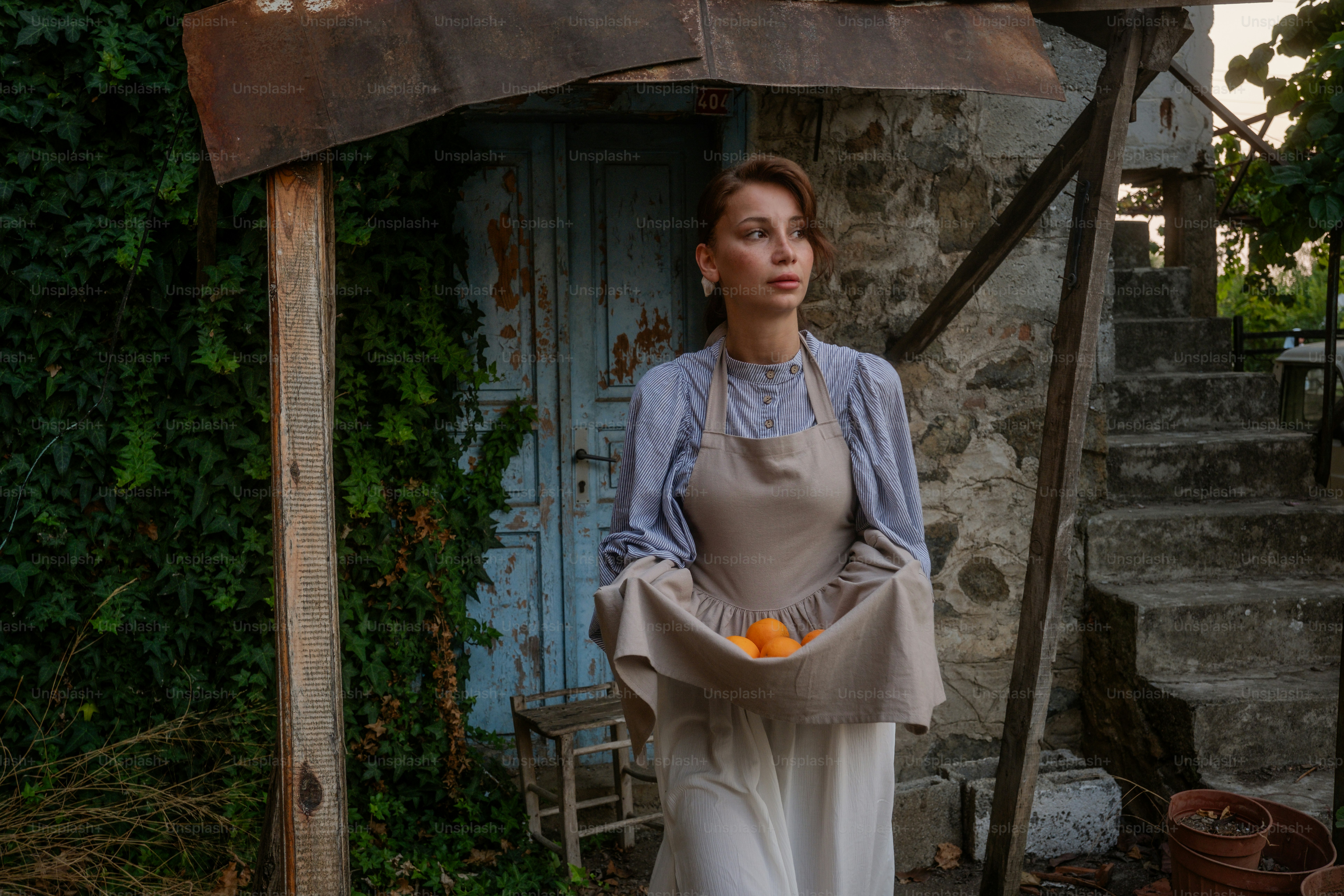 A woman in an apron holding an orange