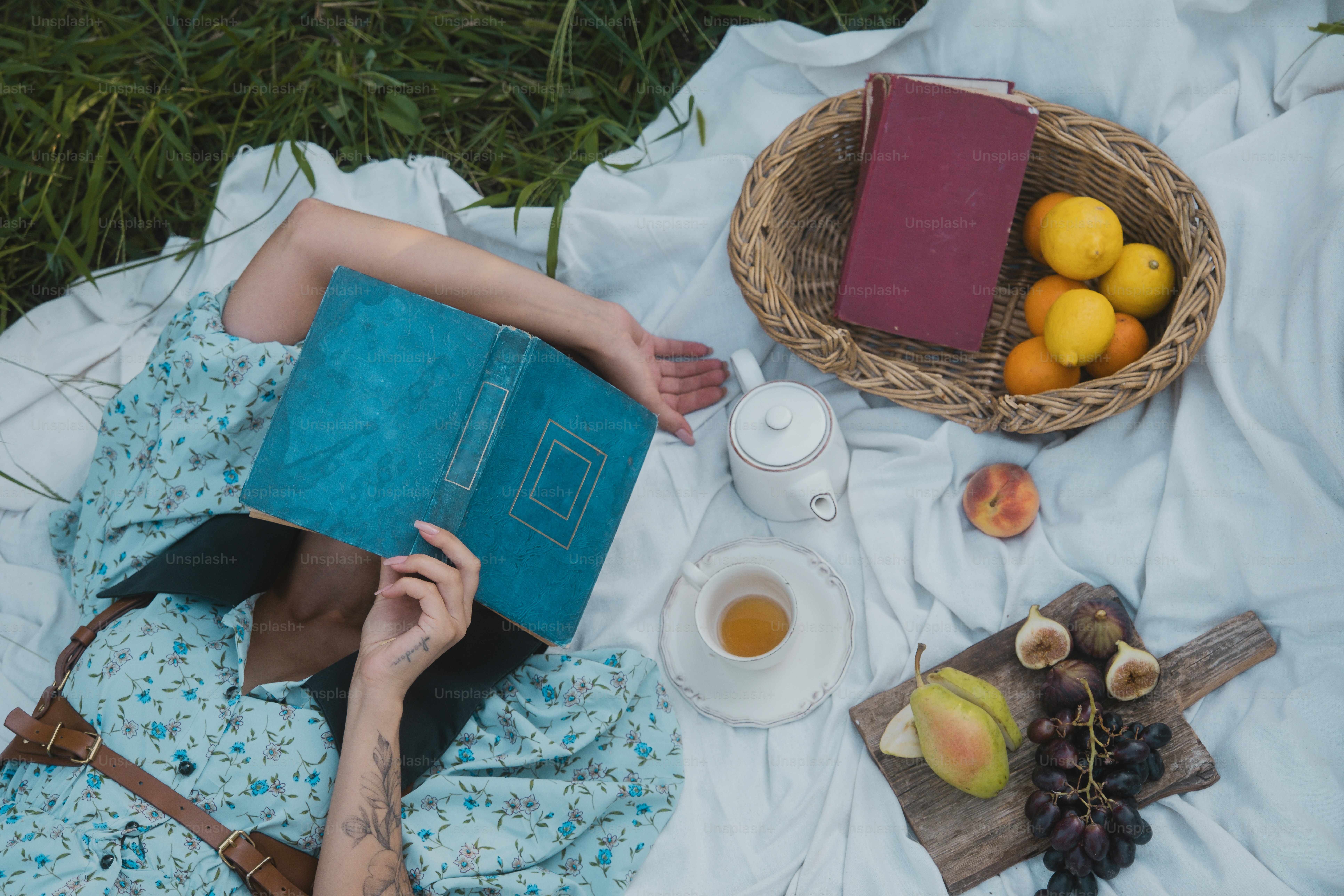 A person laying on a blanket with a book