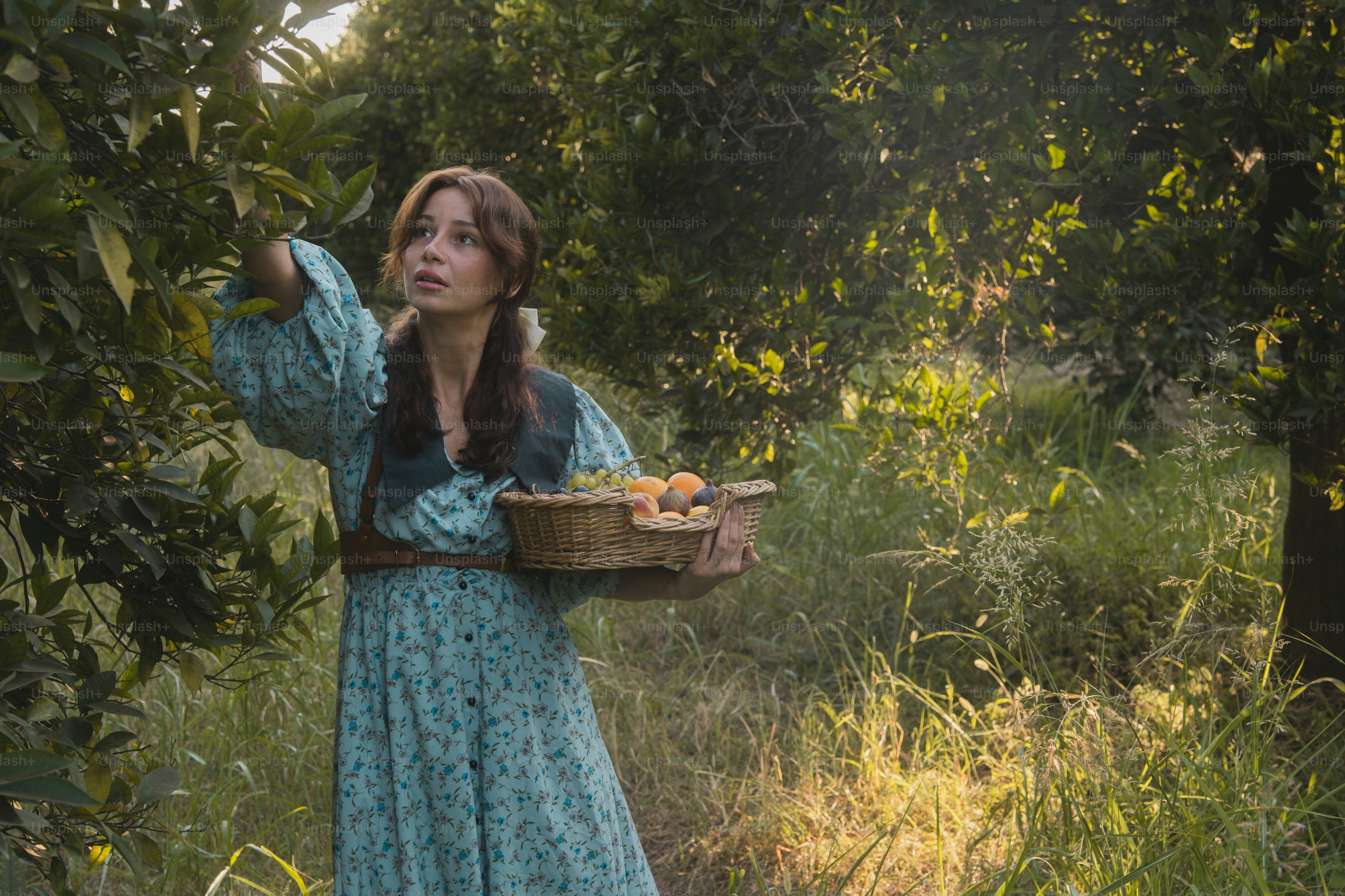 A woman in a blue dress holding a basket of fruit
