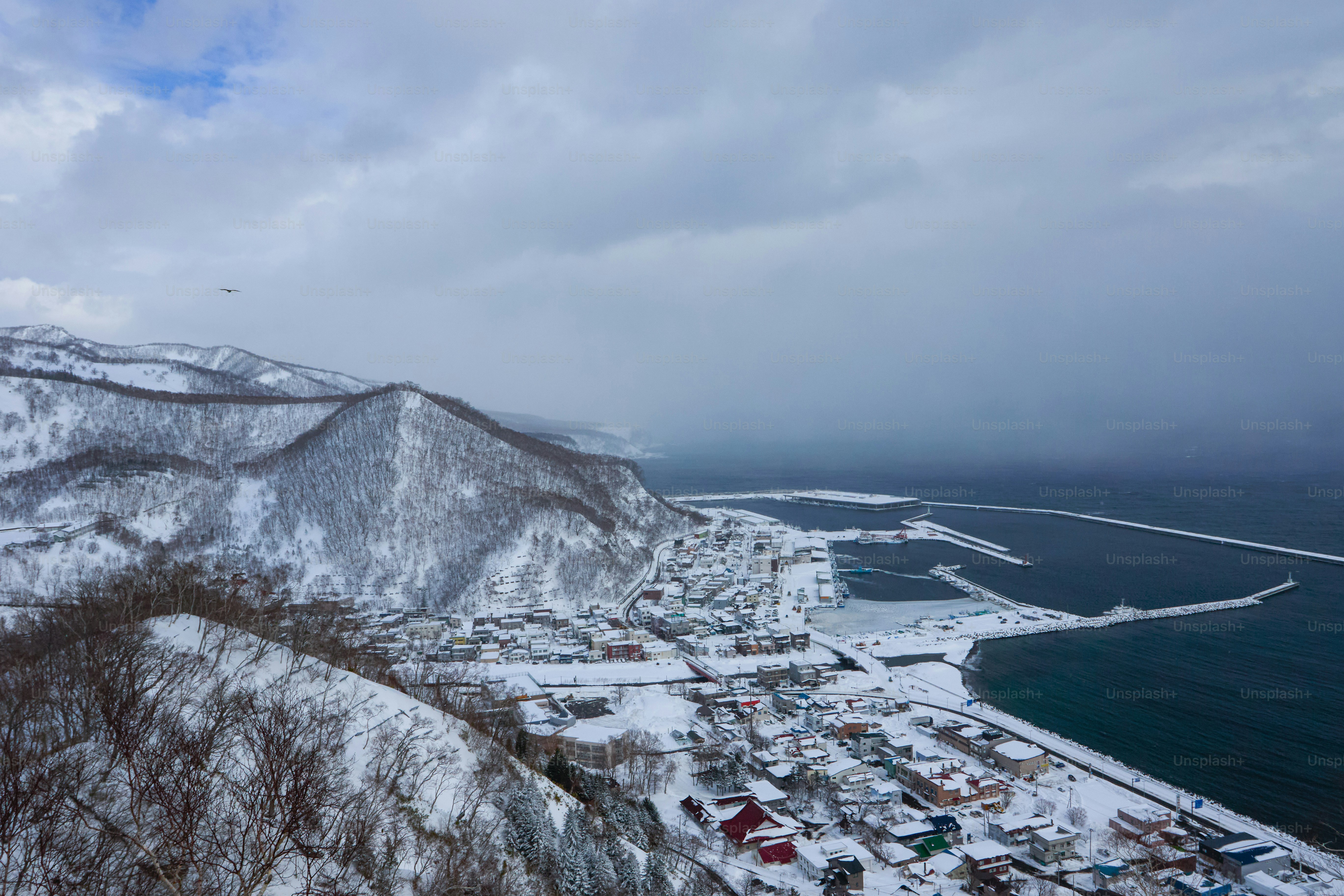 A view of a snow covered mountain and a body of water