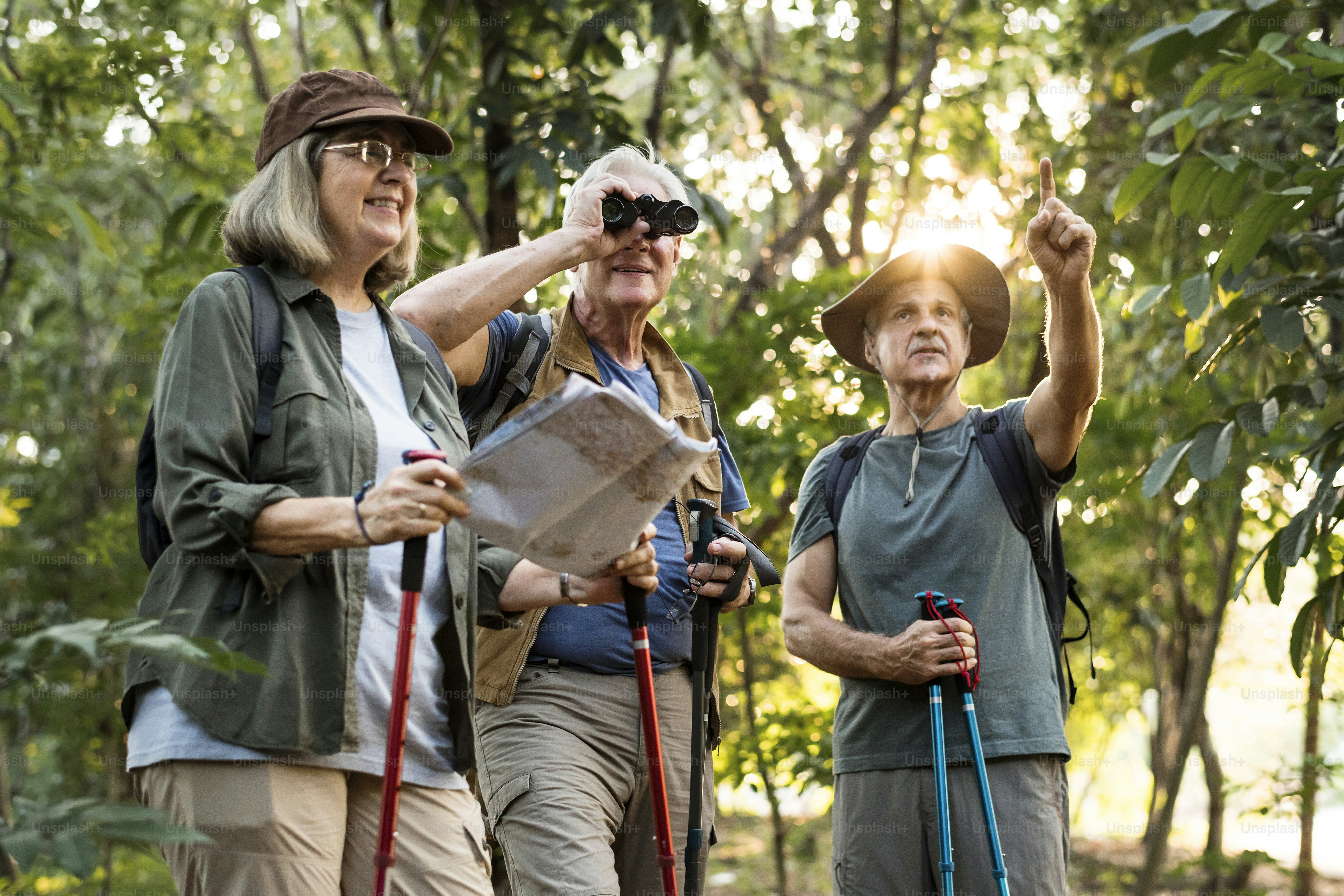 道順の地図をチェックするシニアトレッカーのグループ***この地図は私たち自身の一般的なデザインです。著作権で保護されたデザインを侵害していません。