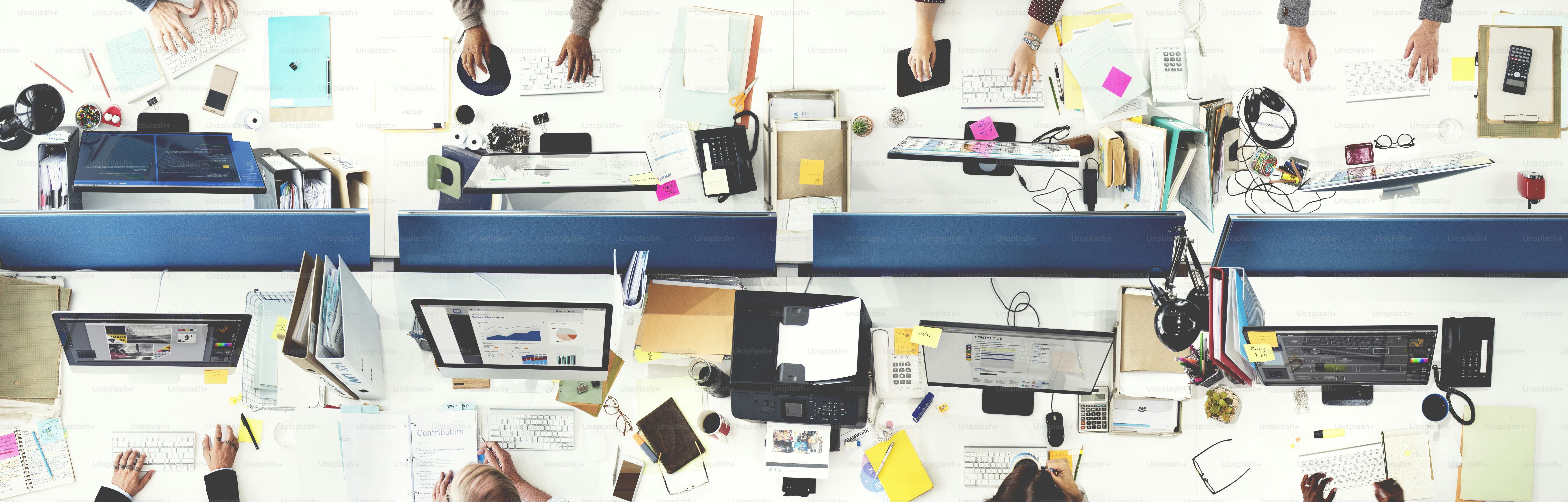 Organized overhead view of a calm, structured office workspace