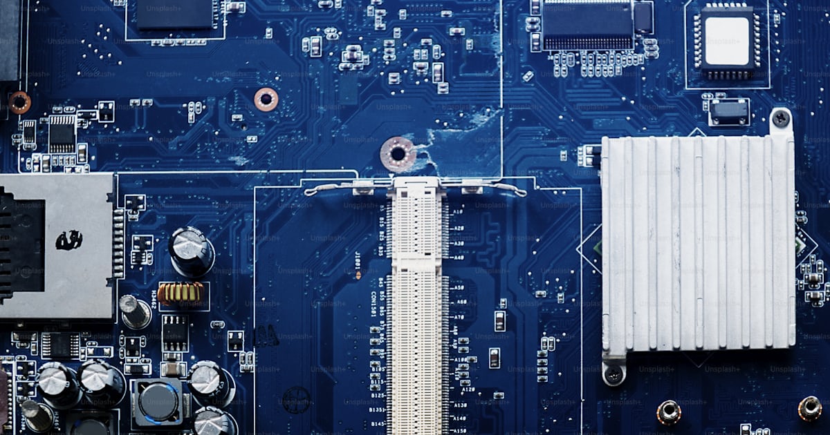 Aerial view of computer electronics componets parts flatlay photo ...