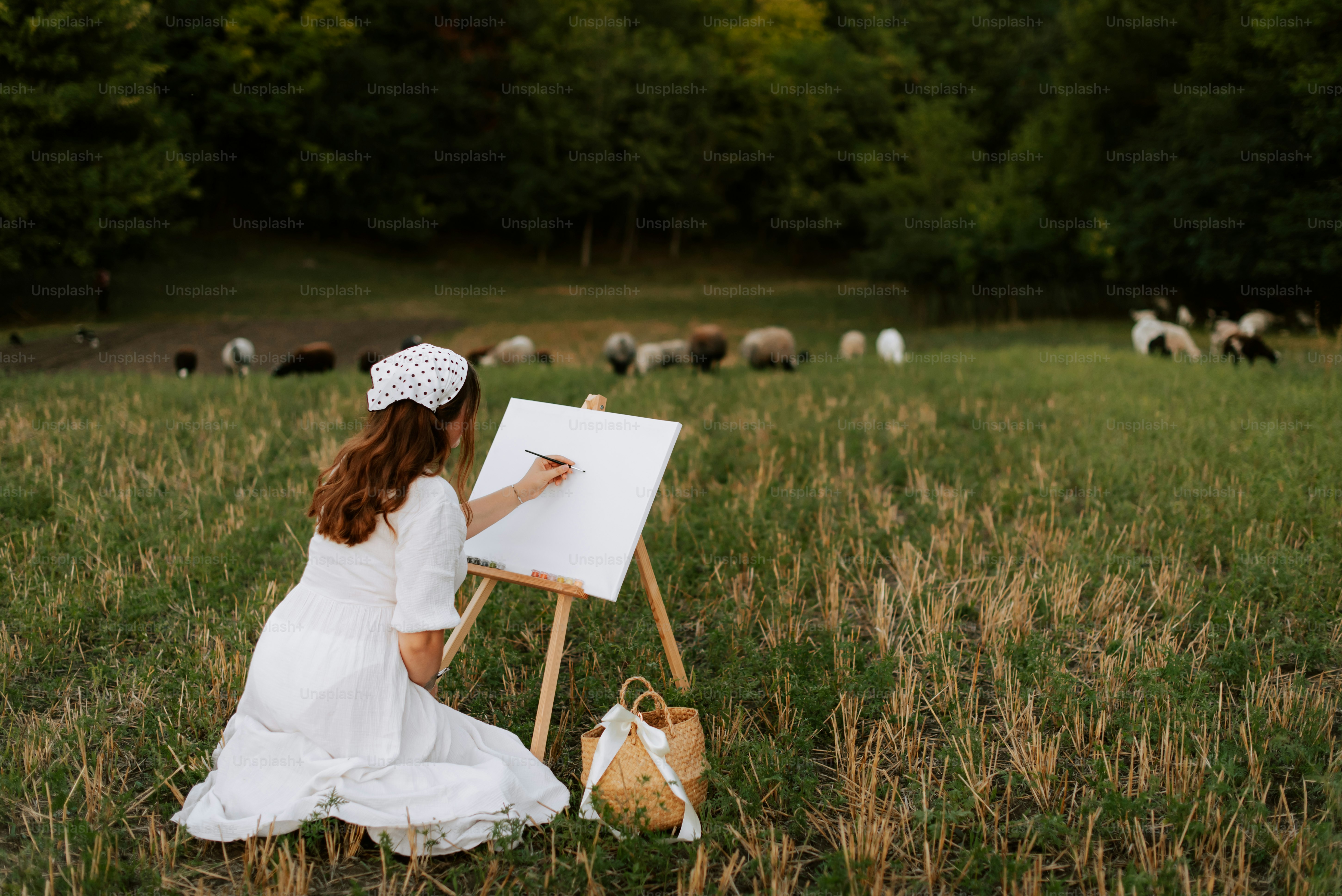 Una niña con un vestido blanco sentada en un campo