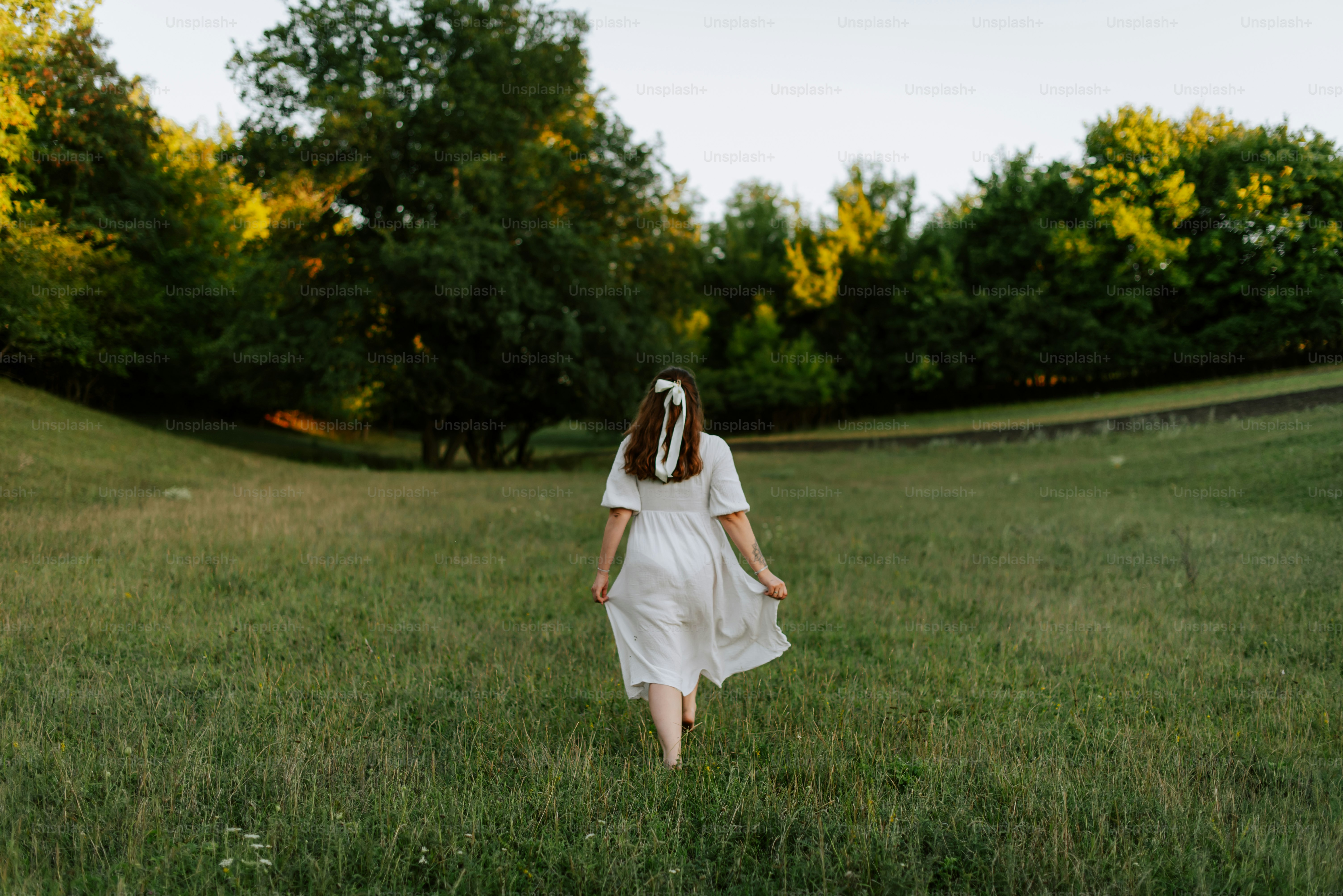 白いドレスを着た女性が野原を歩く