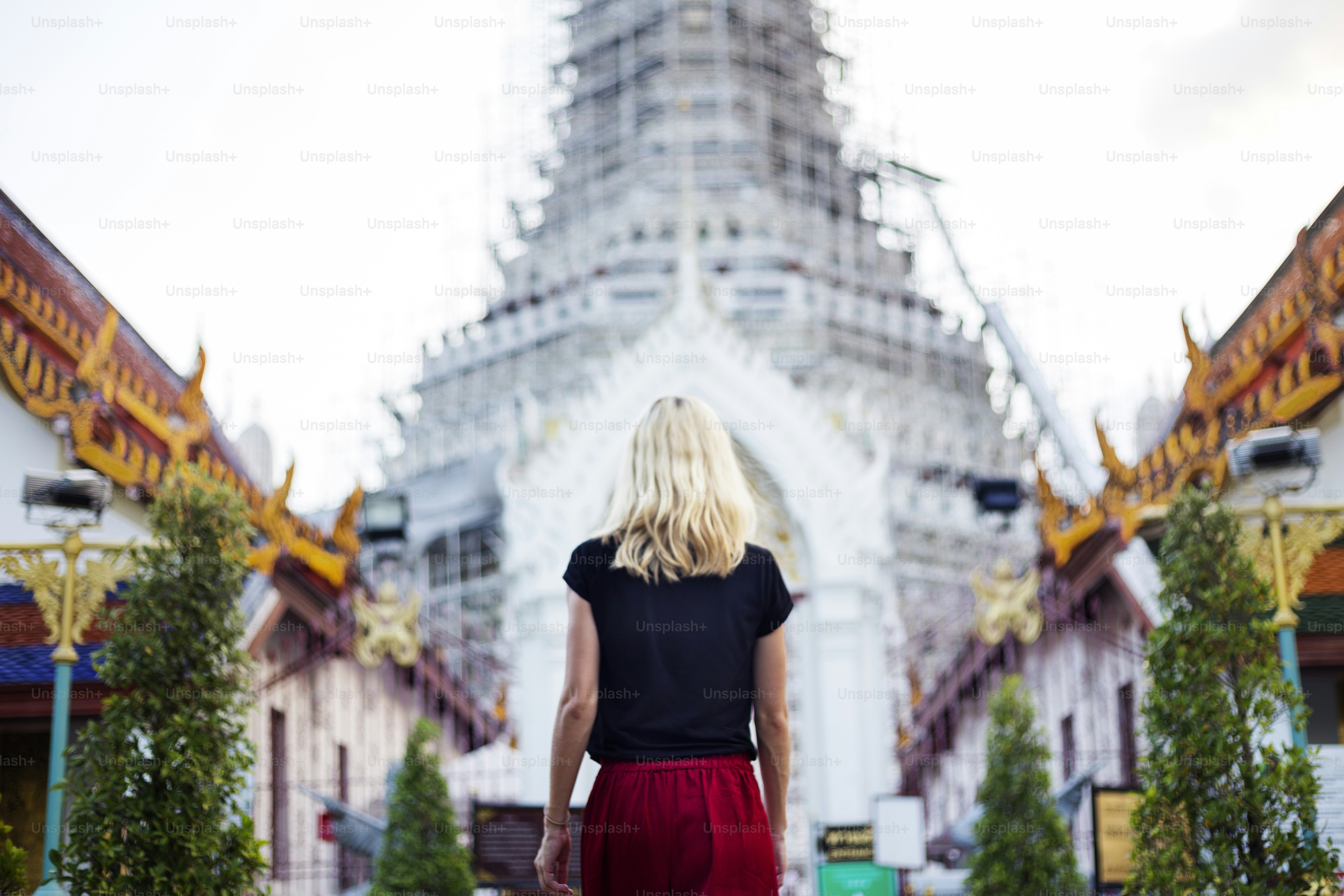 Woman Caucasian Traveler Tour Temple Concept