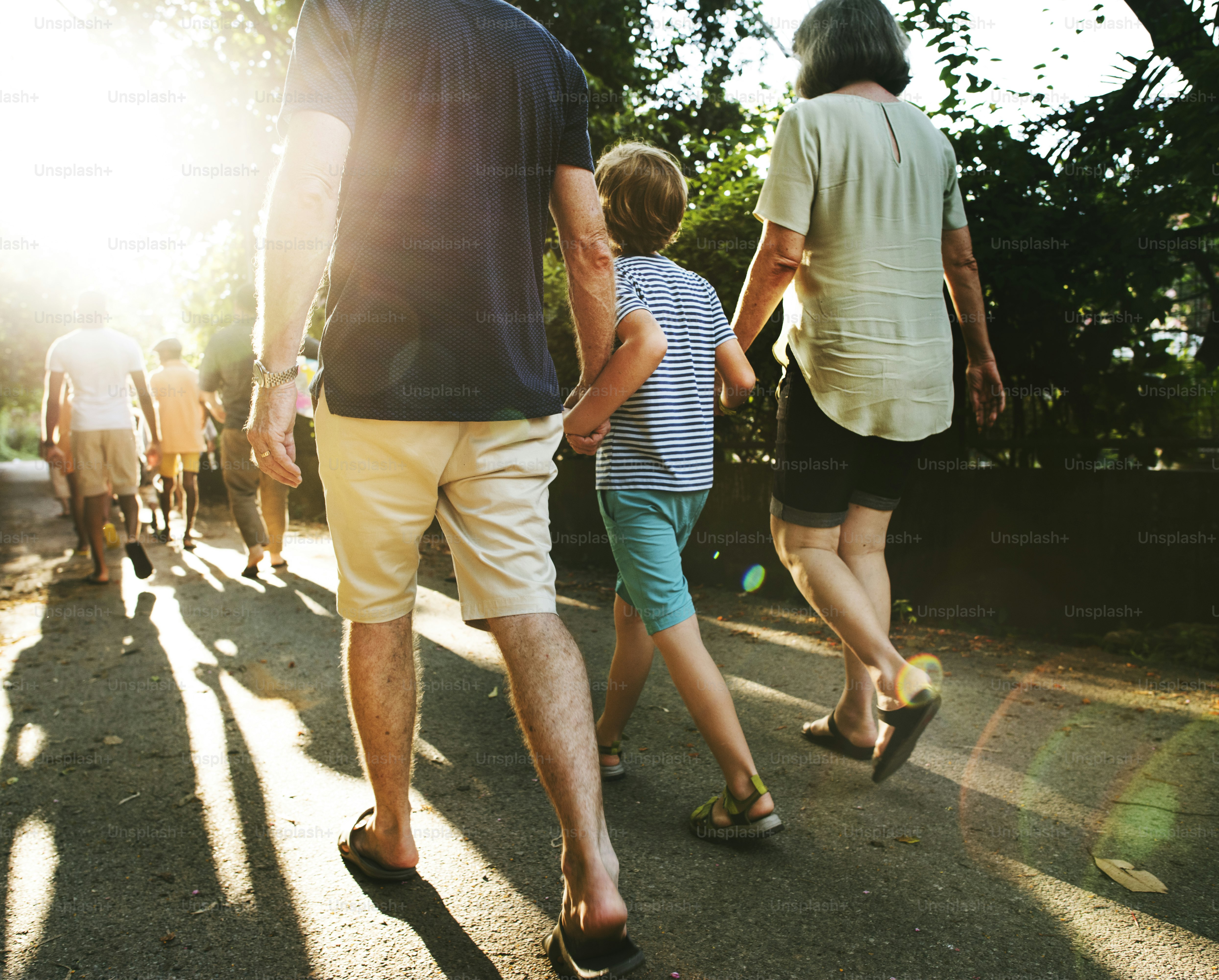 Rear view of caucasian family walking outdoors together