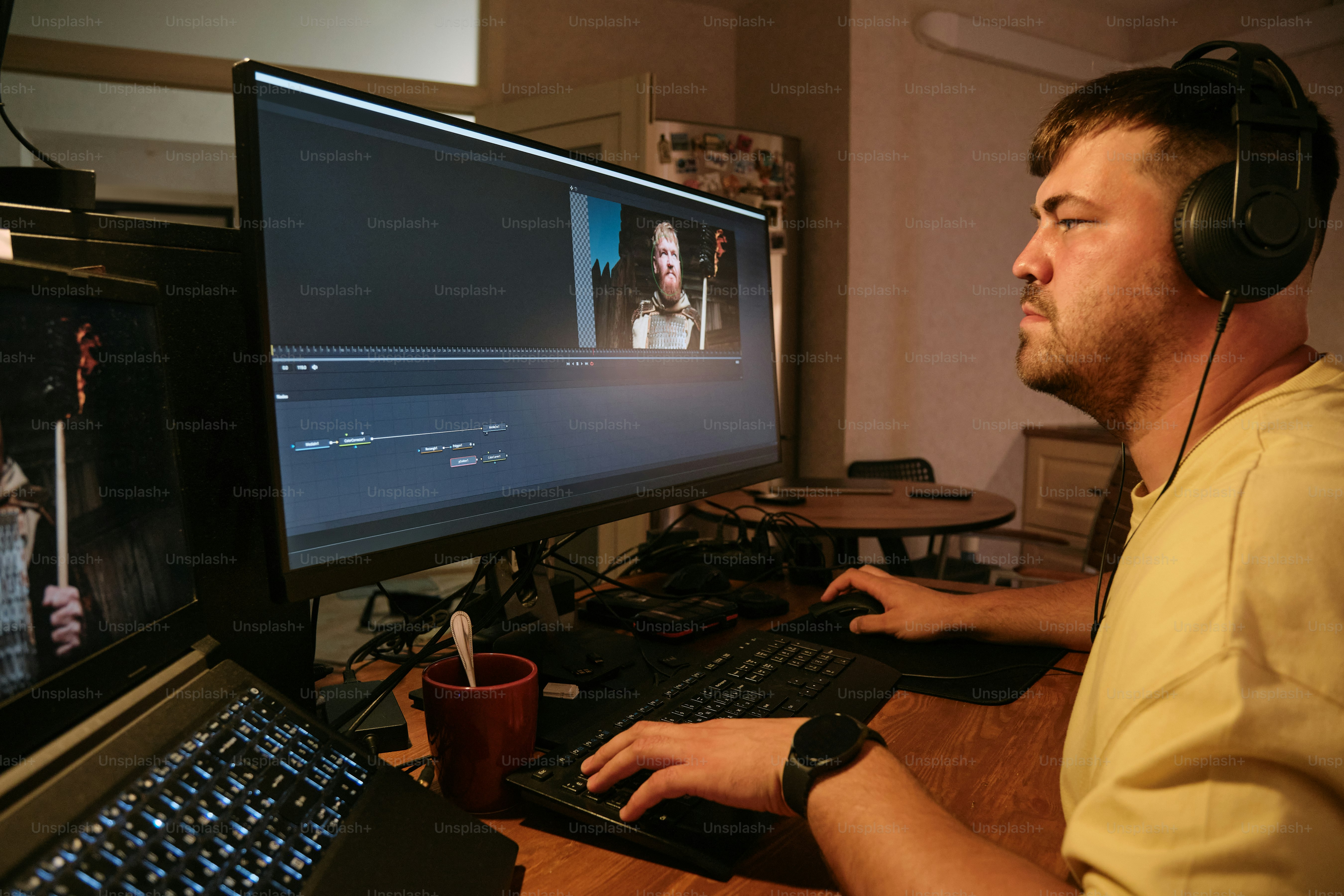 A video editor at work with multiple screens