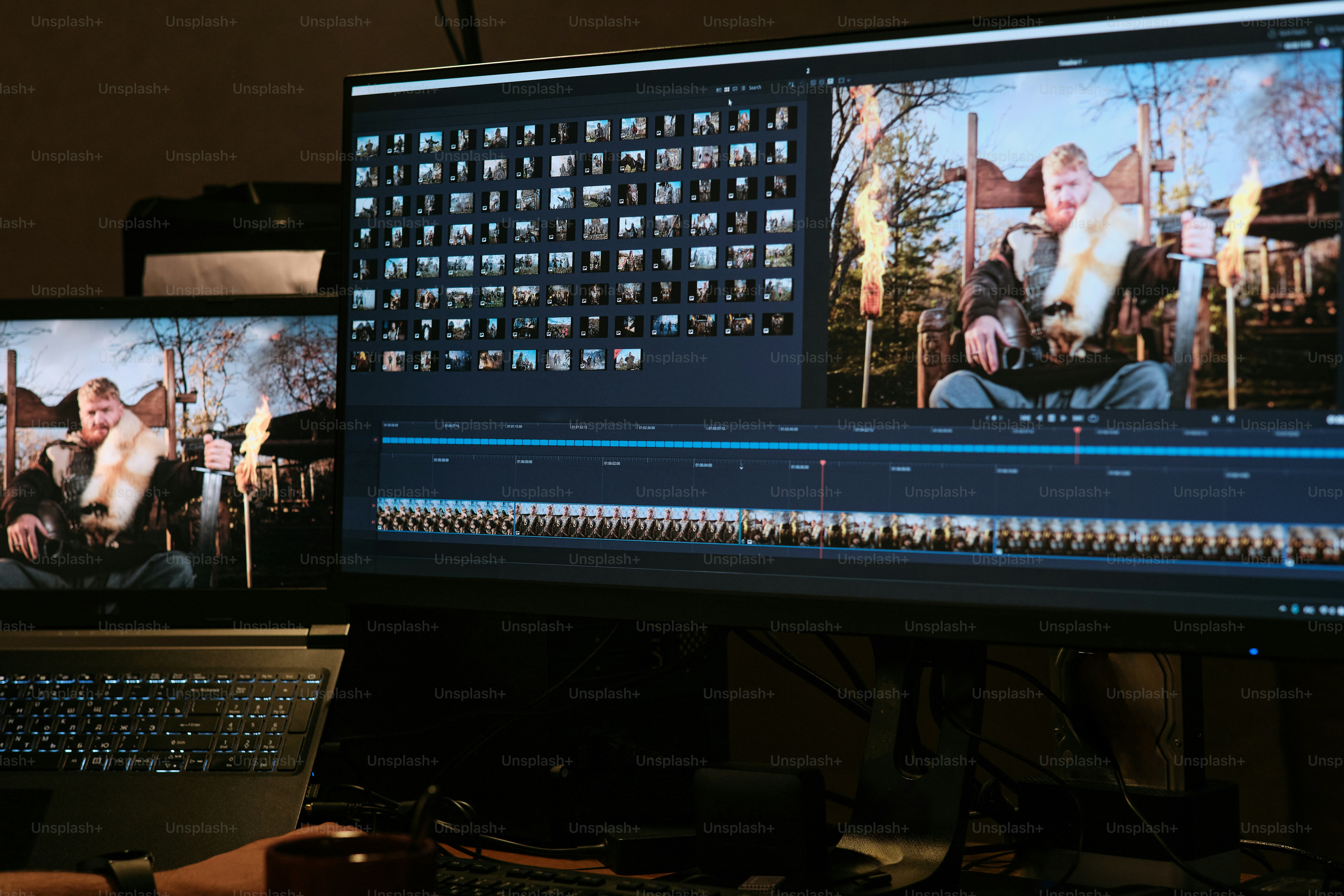 A computer screen with two monitors and a laptop