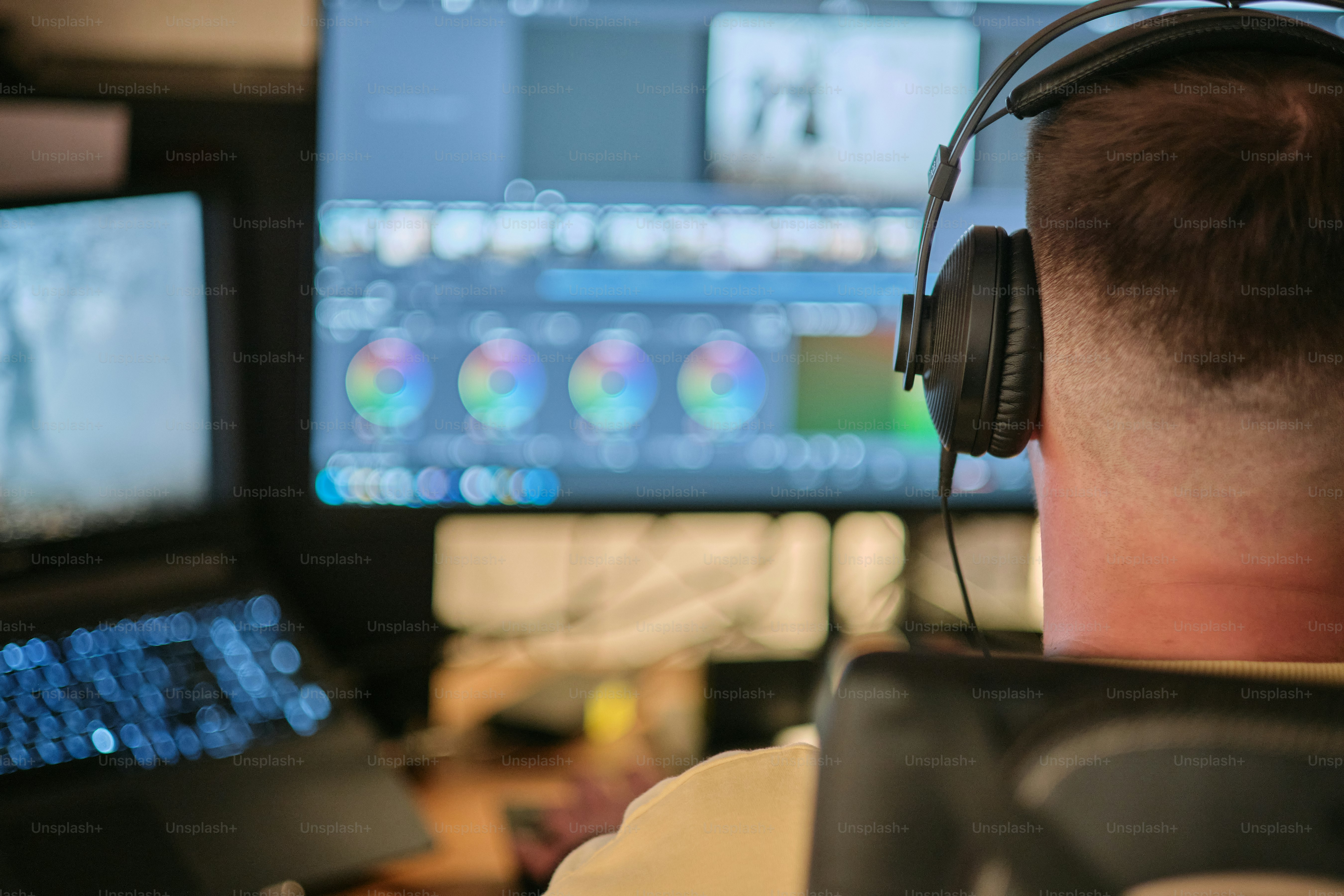 A man wearing headphones sitting in front of a computer monitor