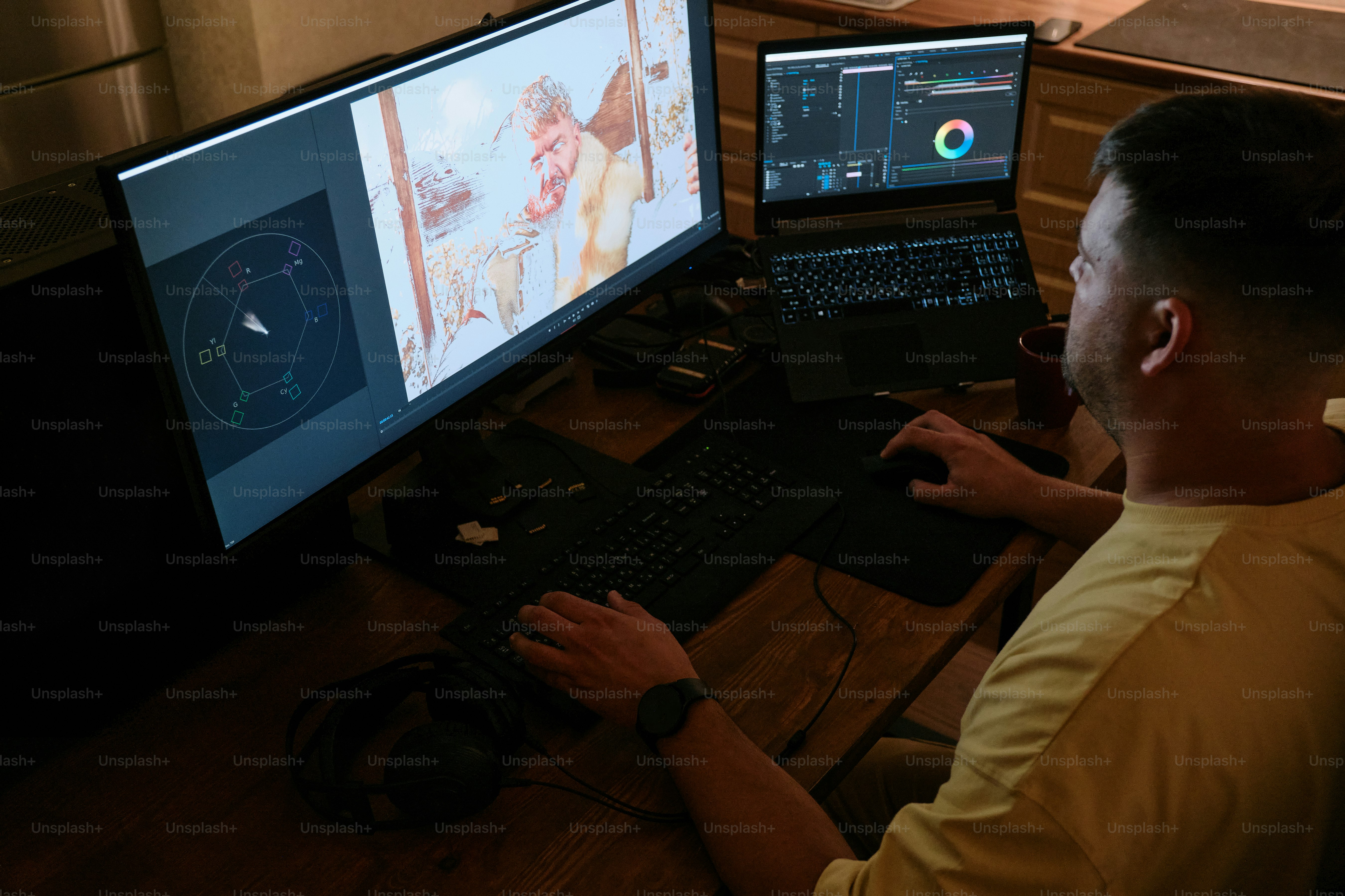 A man sitting in front of a computer monitor