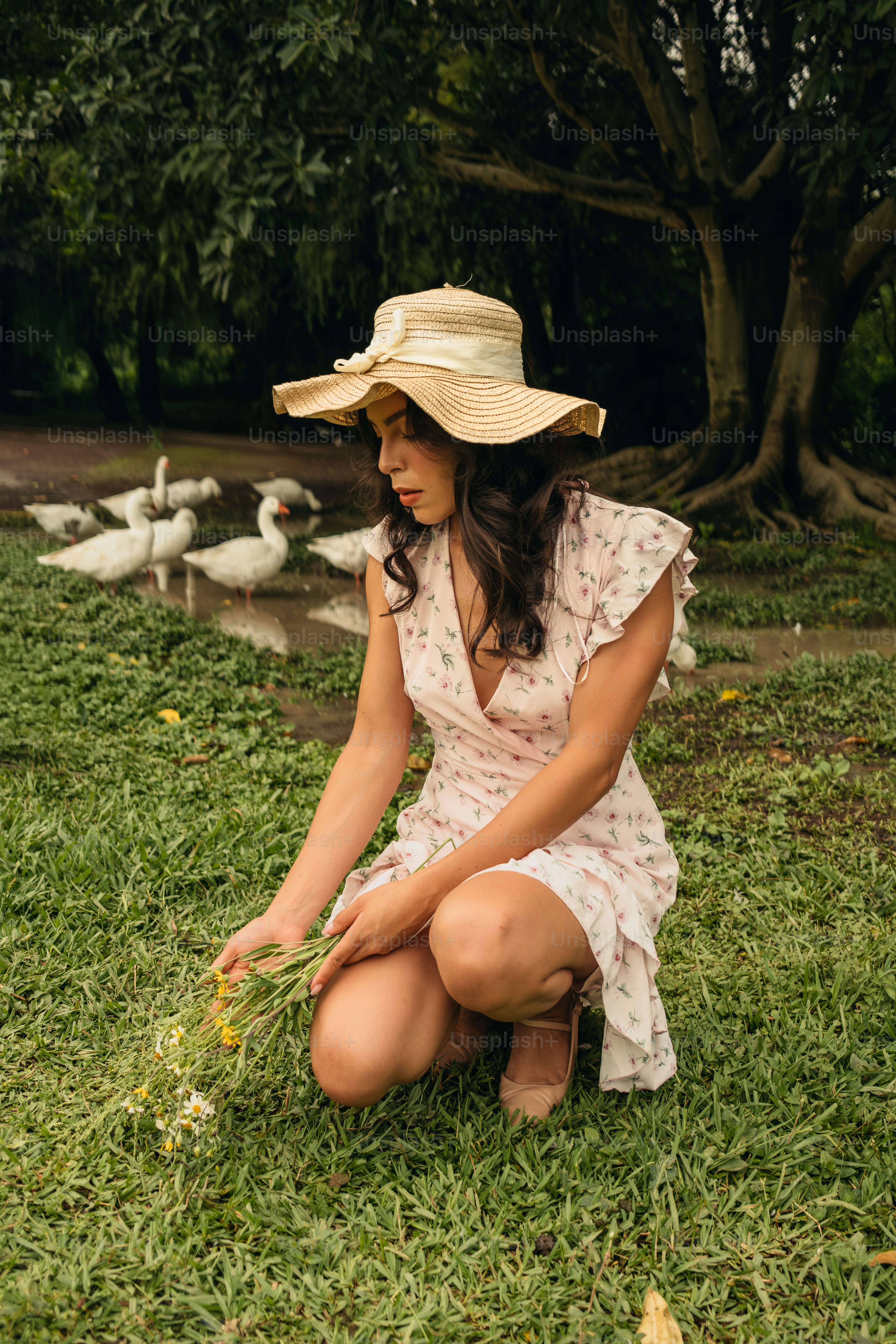 A woman kneeling down in the grass near ducks