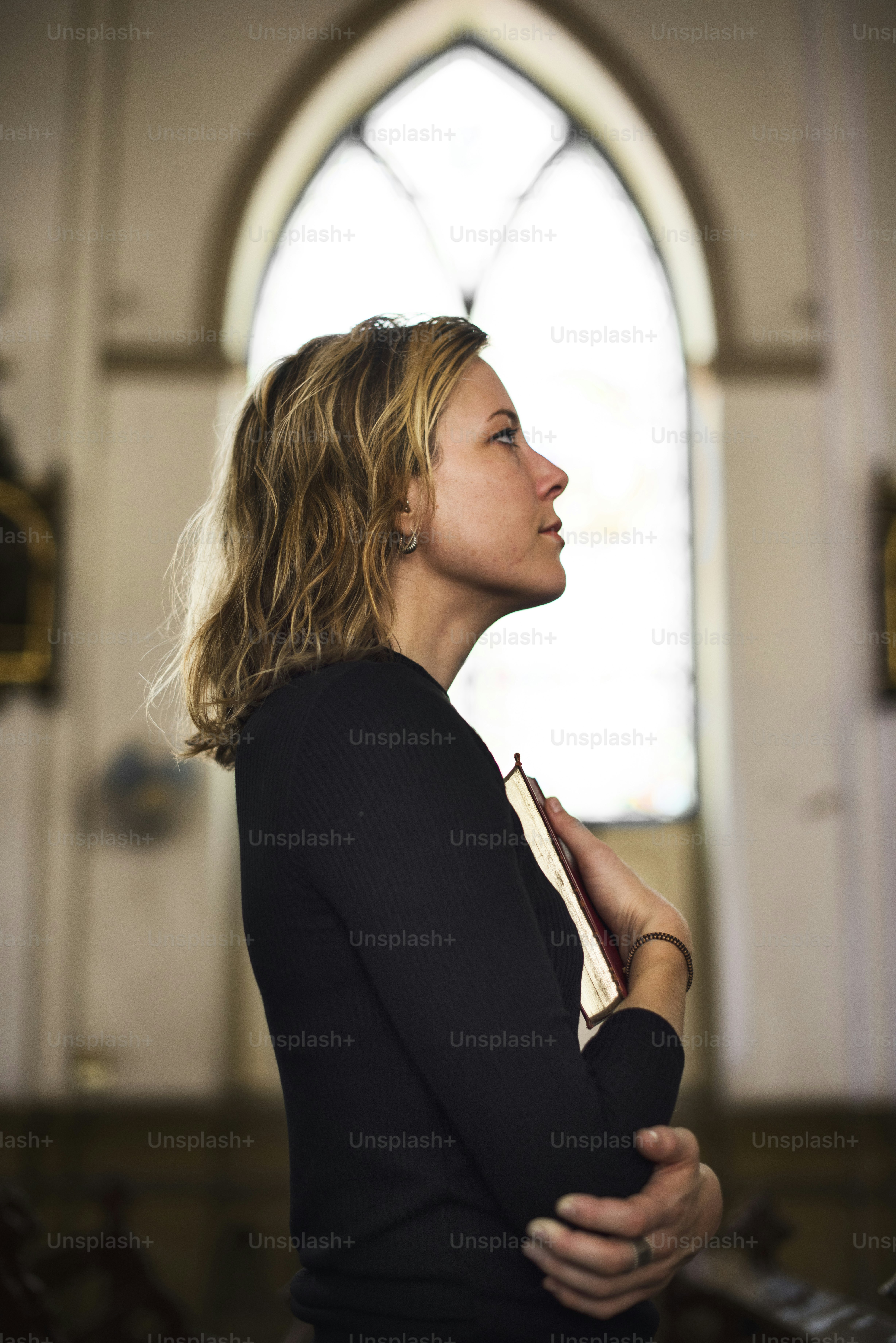 Woman Standing Church Religion Concept