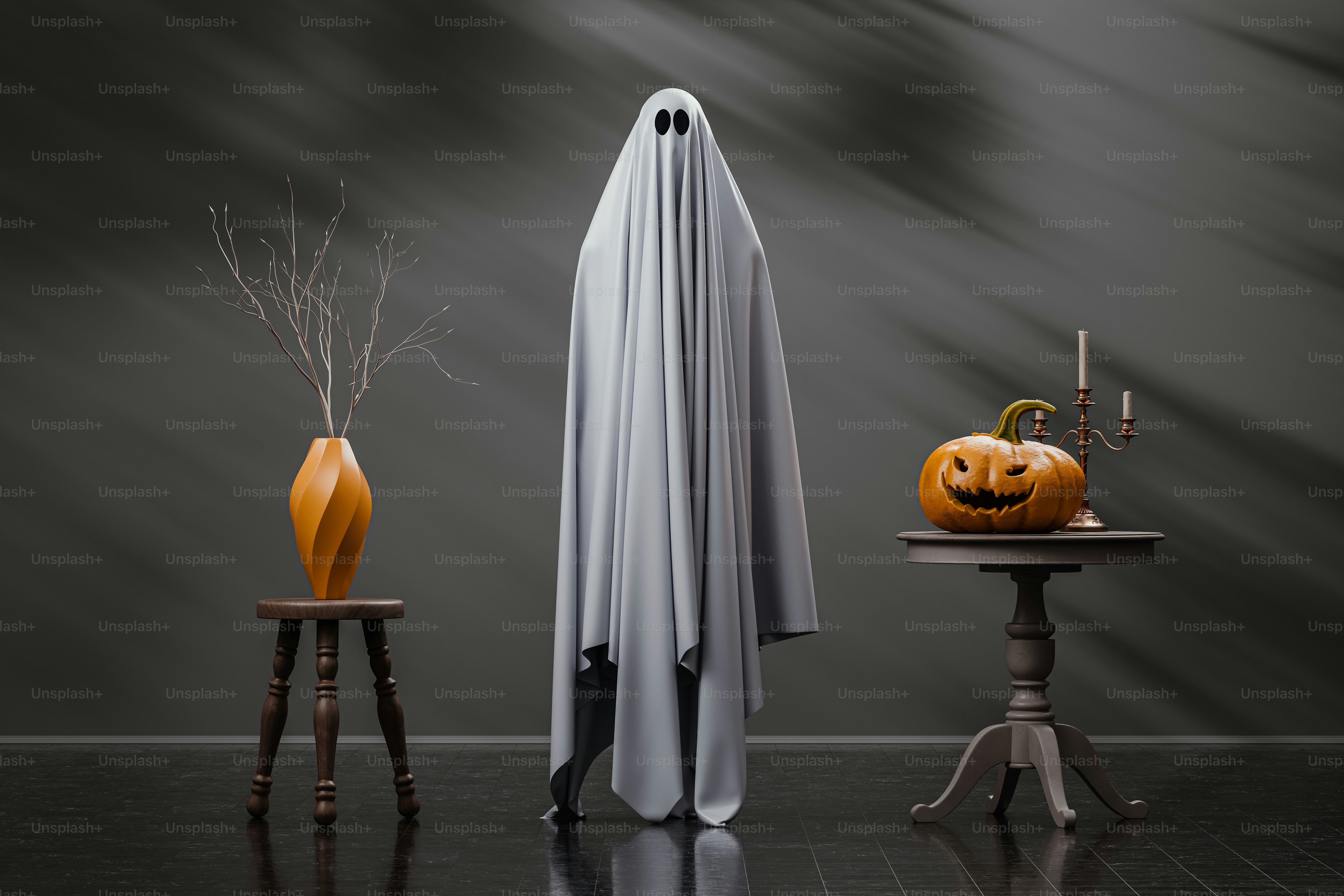 A halloween scene with a ghost and a pumpkin