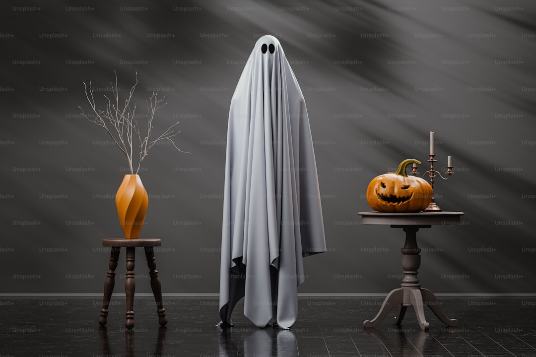 A halloween scene with a ghost and a pumpkin