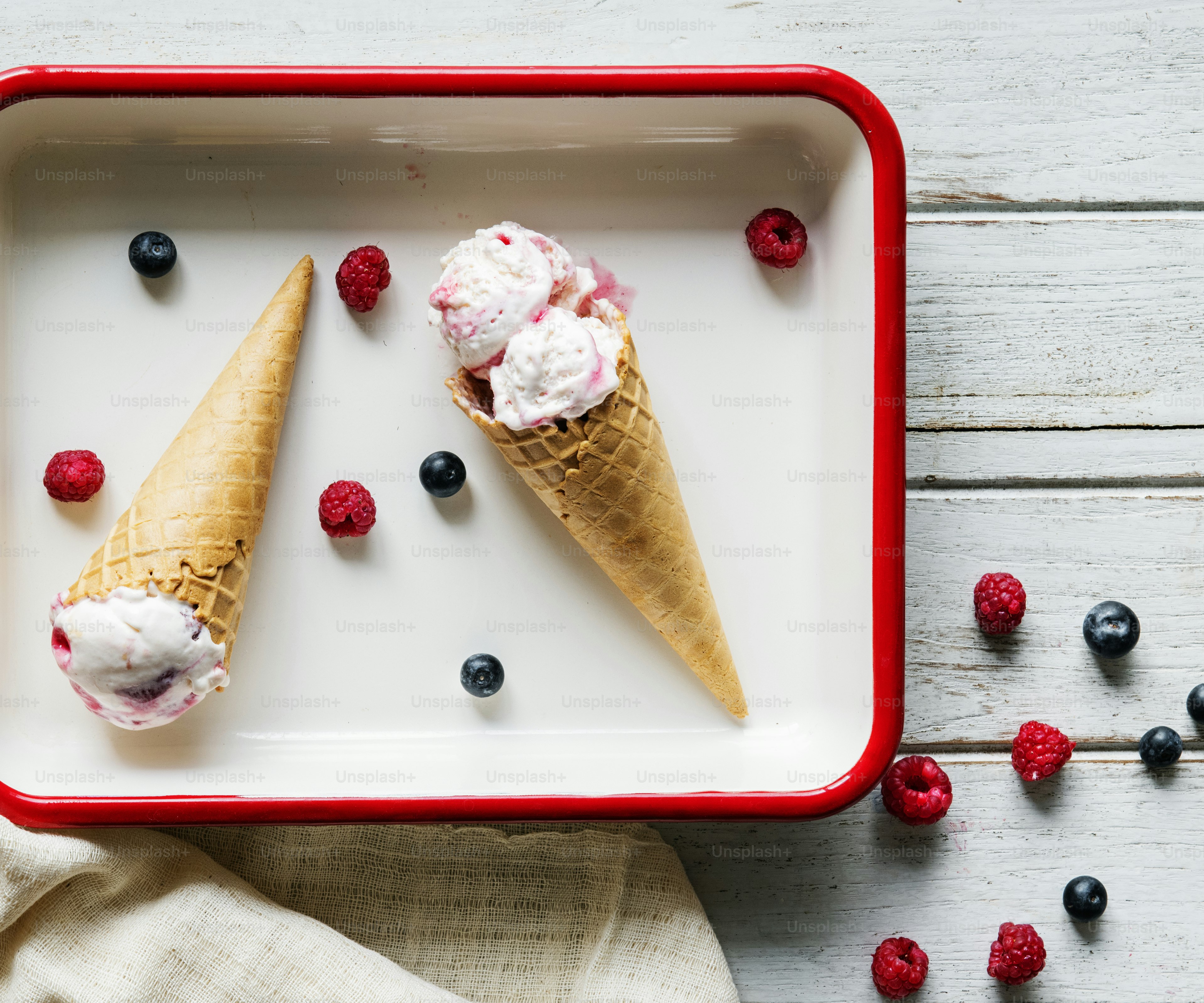 Berry ice cream in waffle cones