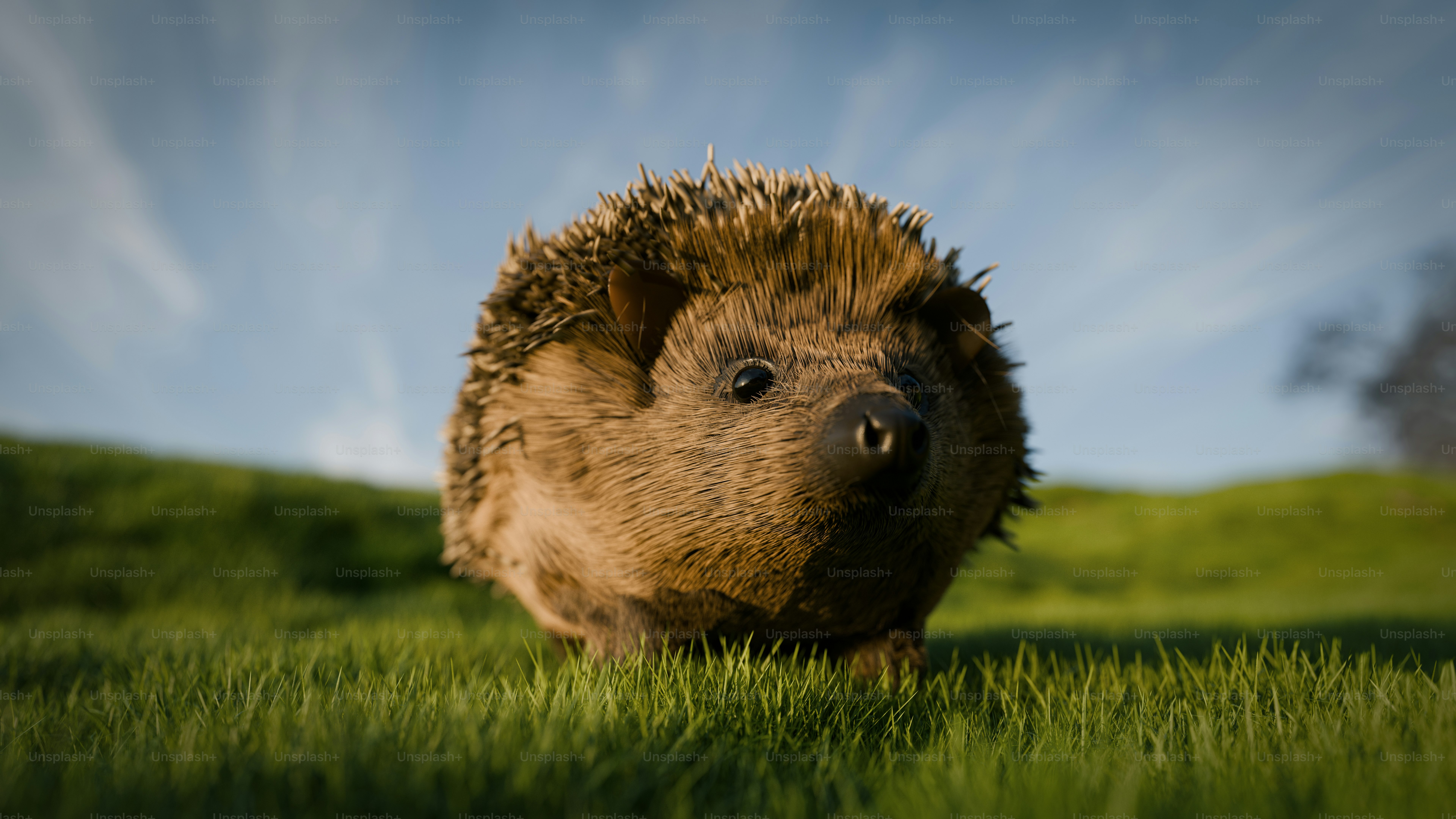 A hedgehog running through a grassy field