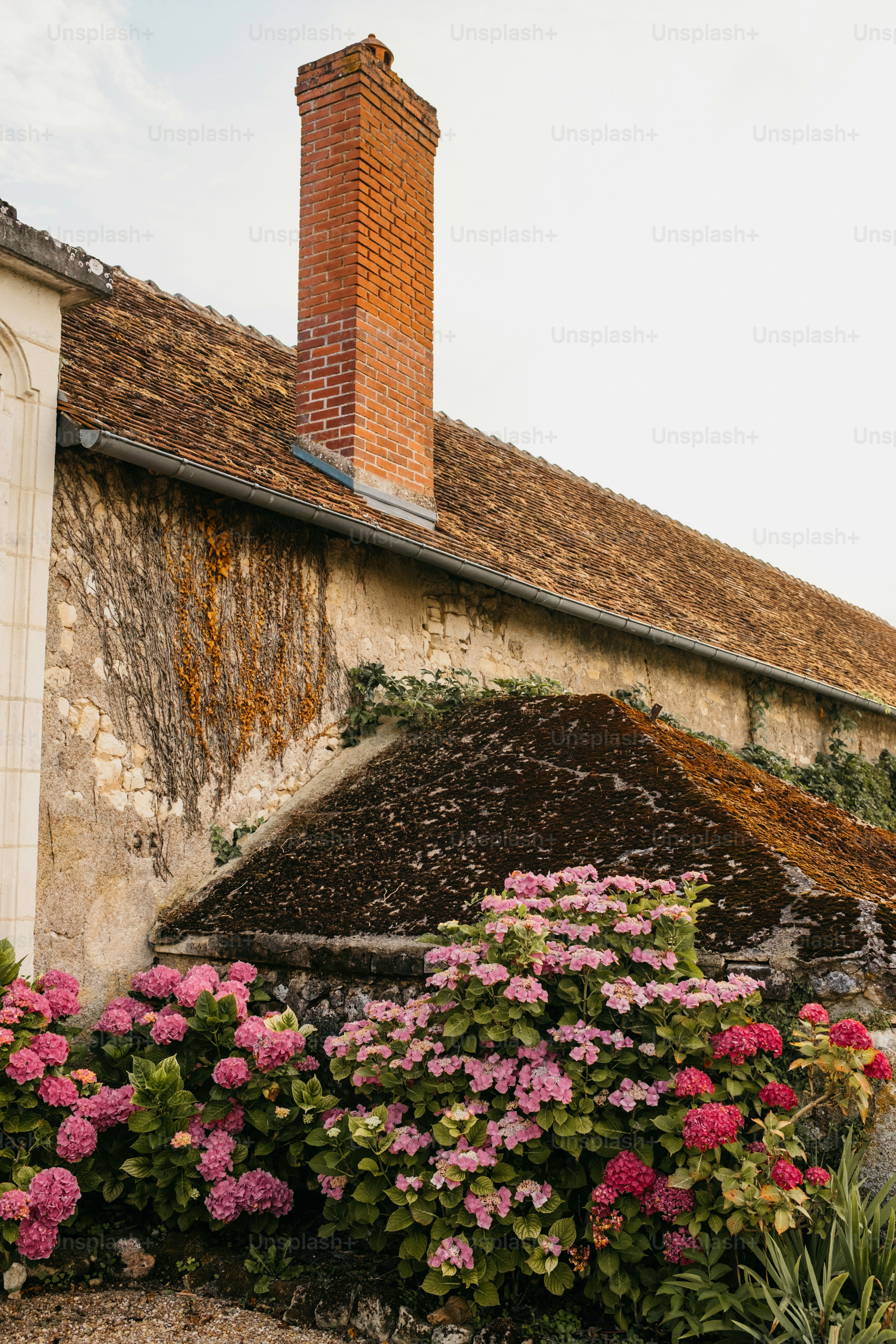 A stone building with flowers growing in front of it