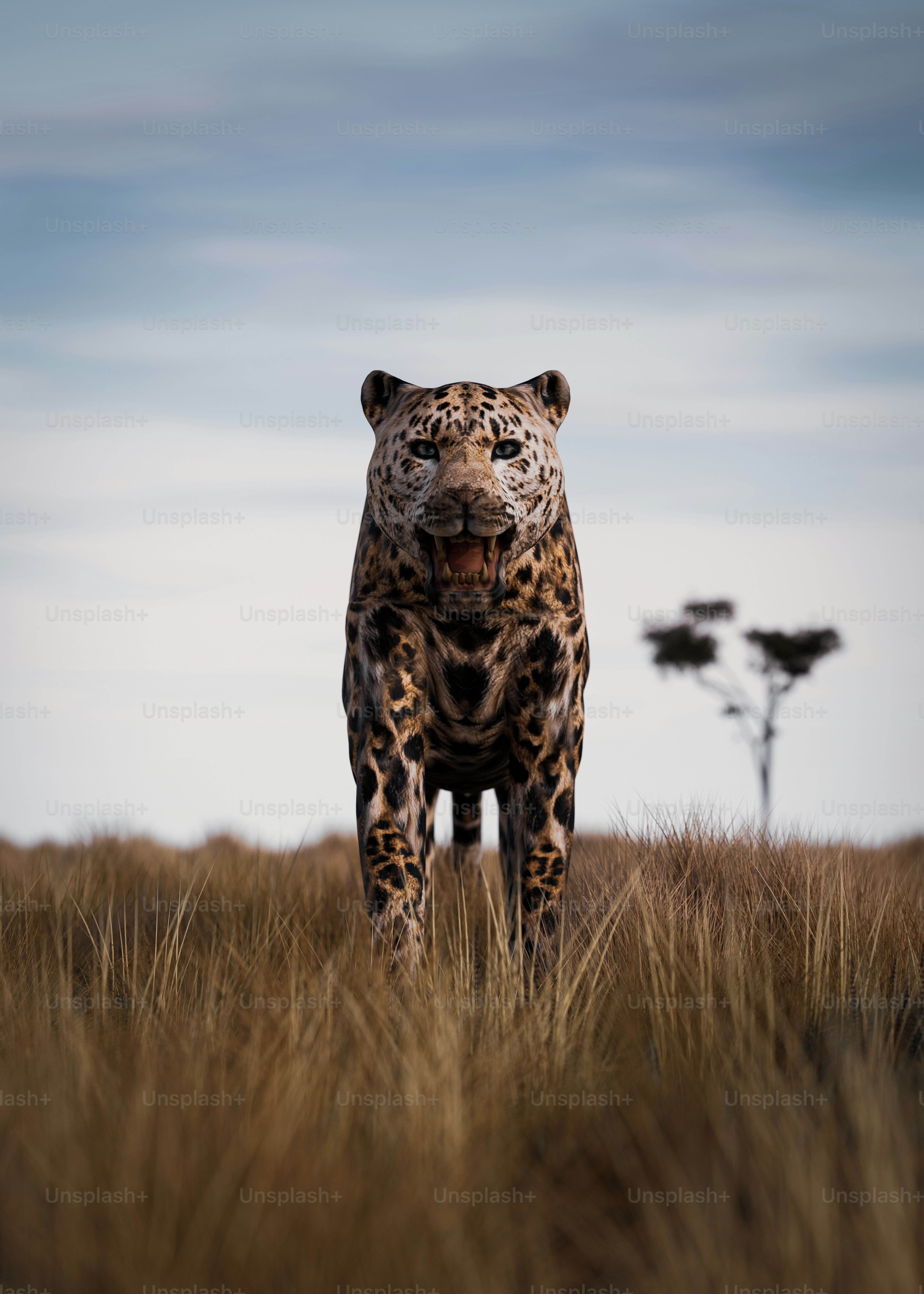 A large leopard standing on top of a dry grass field