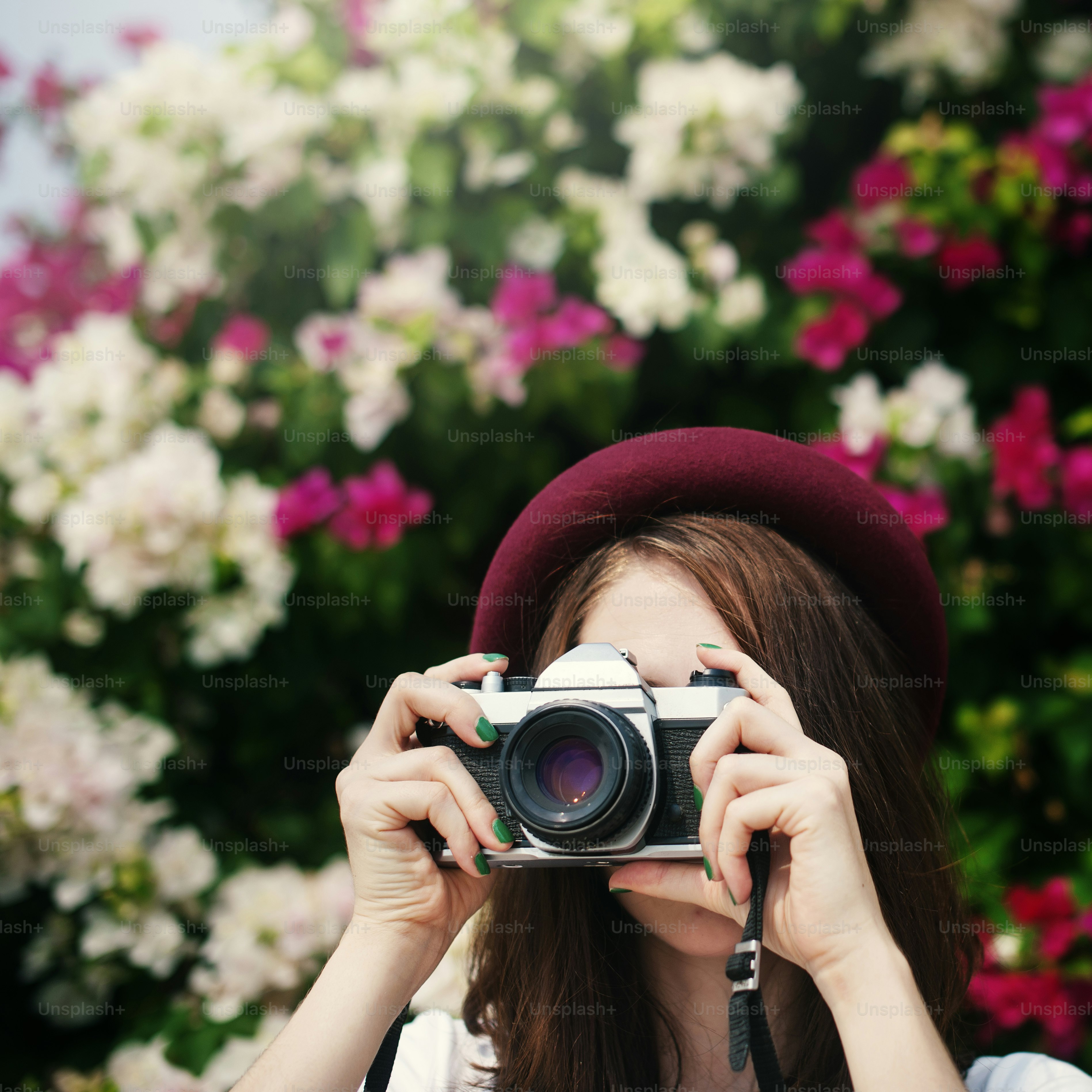 Girl Camera Photographer Focus Shooting Nature Concept