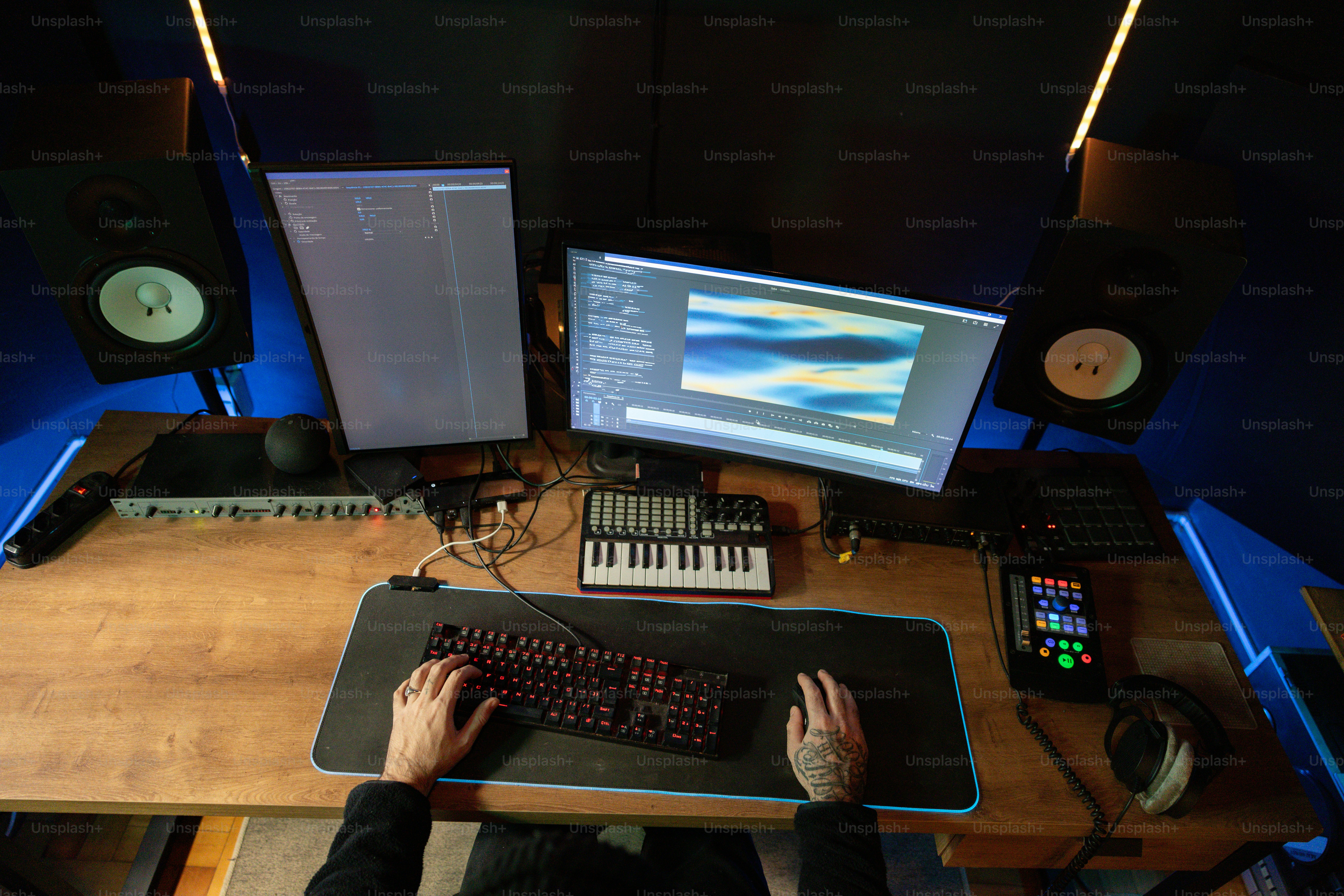 A person sitting at a desk with a keyboard and mouse
