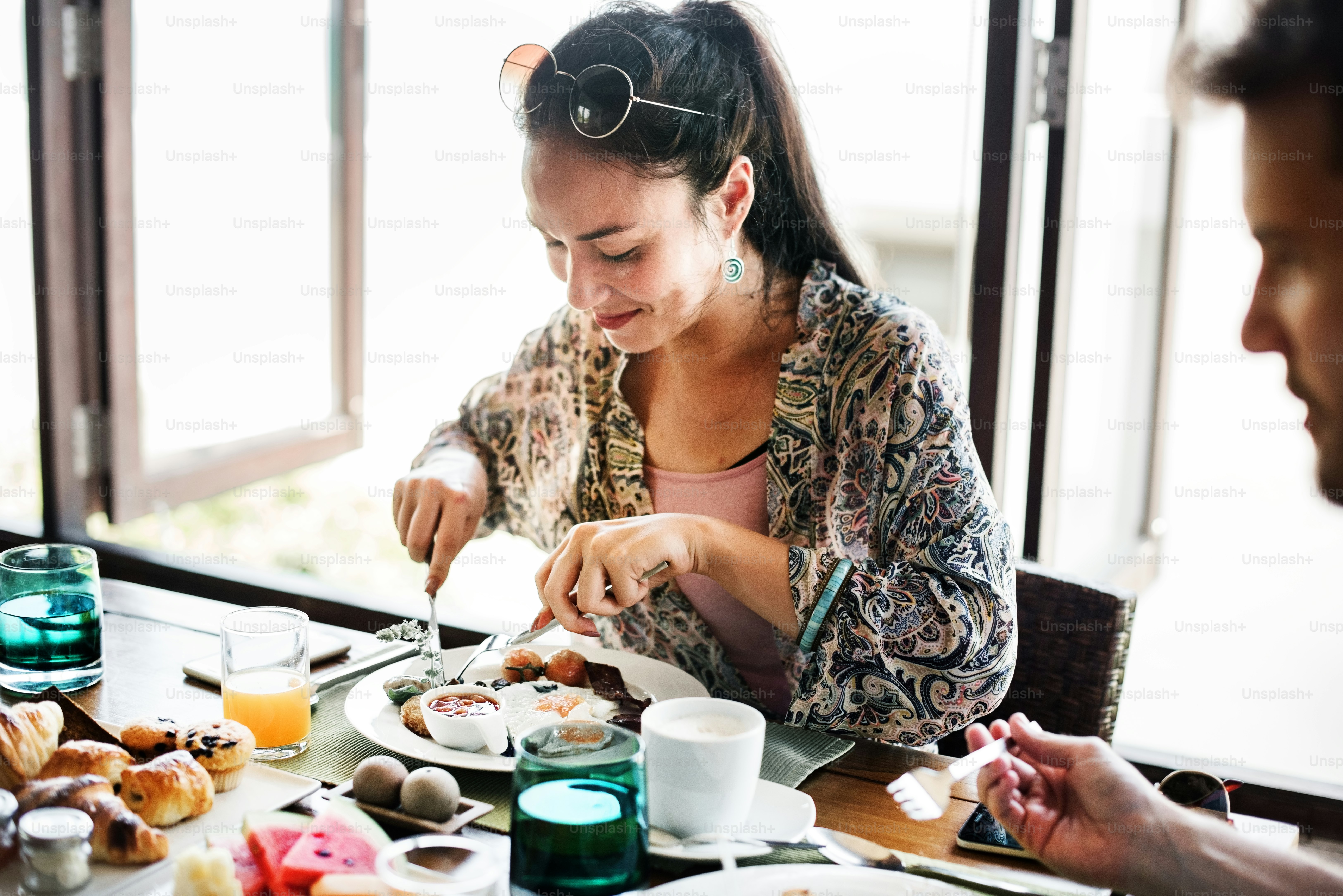 Couple eating a hotel breakfast
