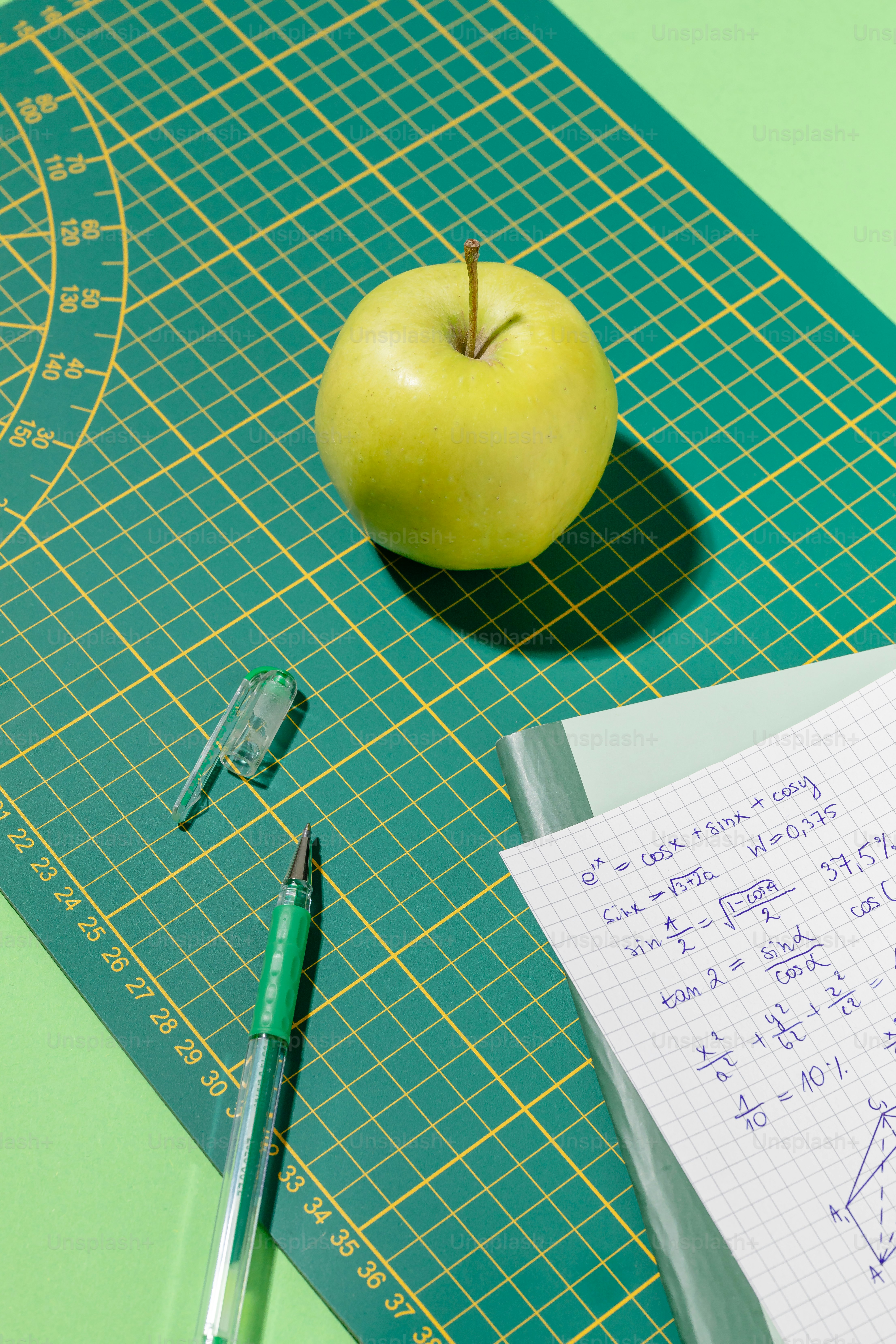 A green apple sitting on top of a cutting board