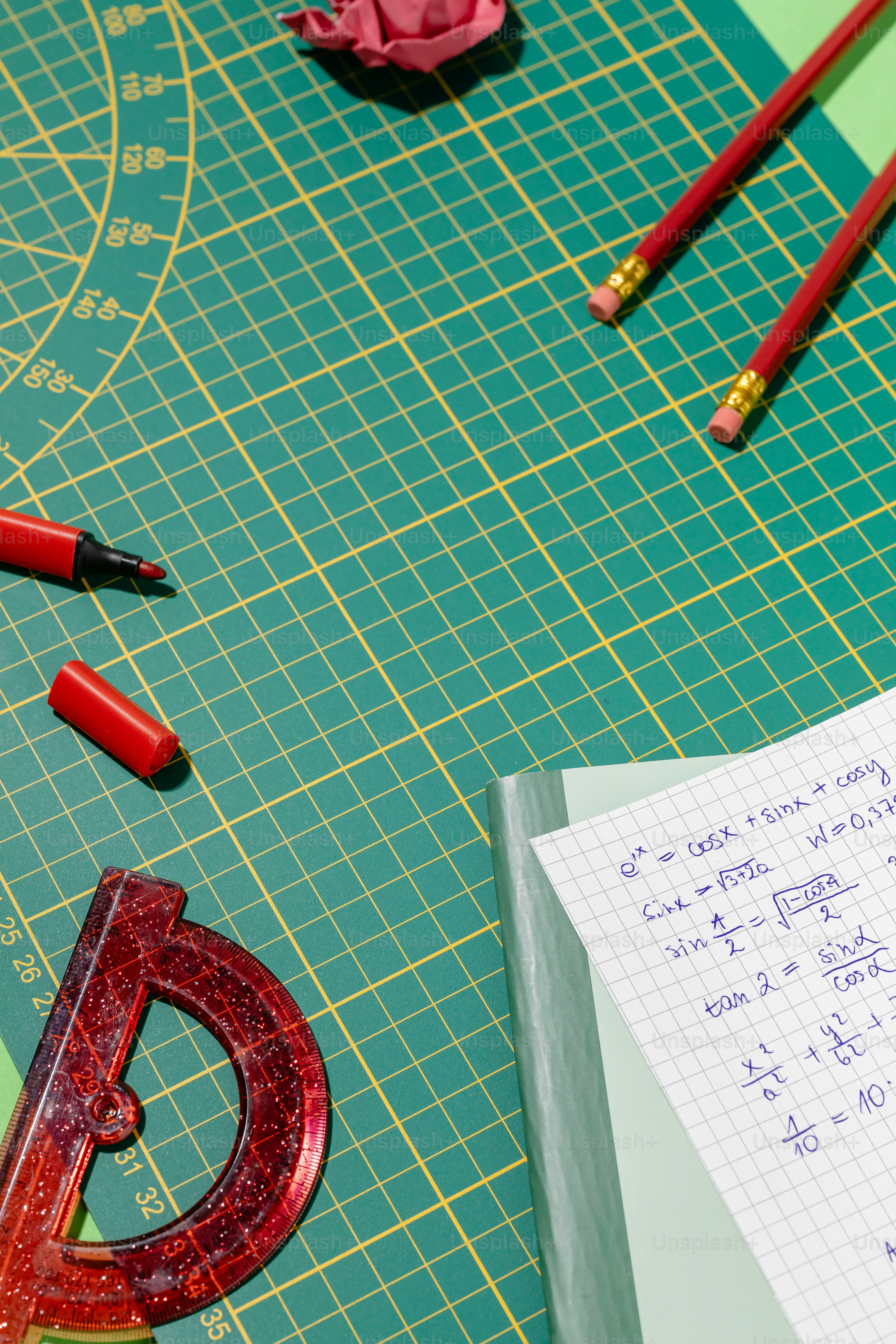A pair of scissors, a pen, and some other items on a table