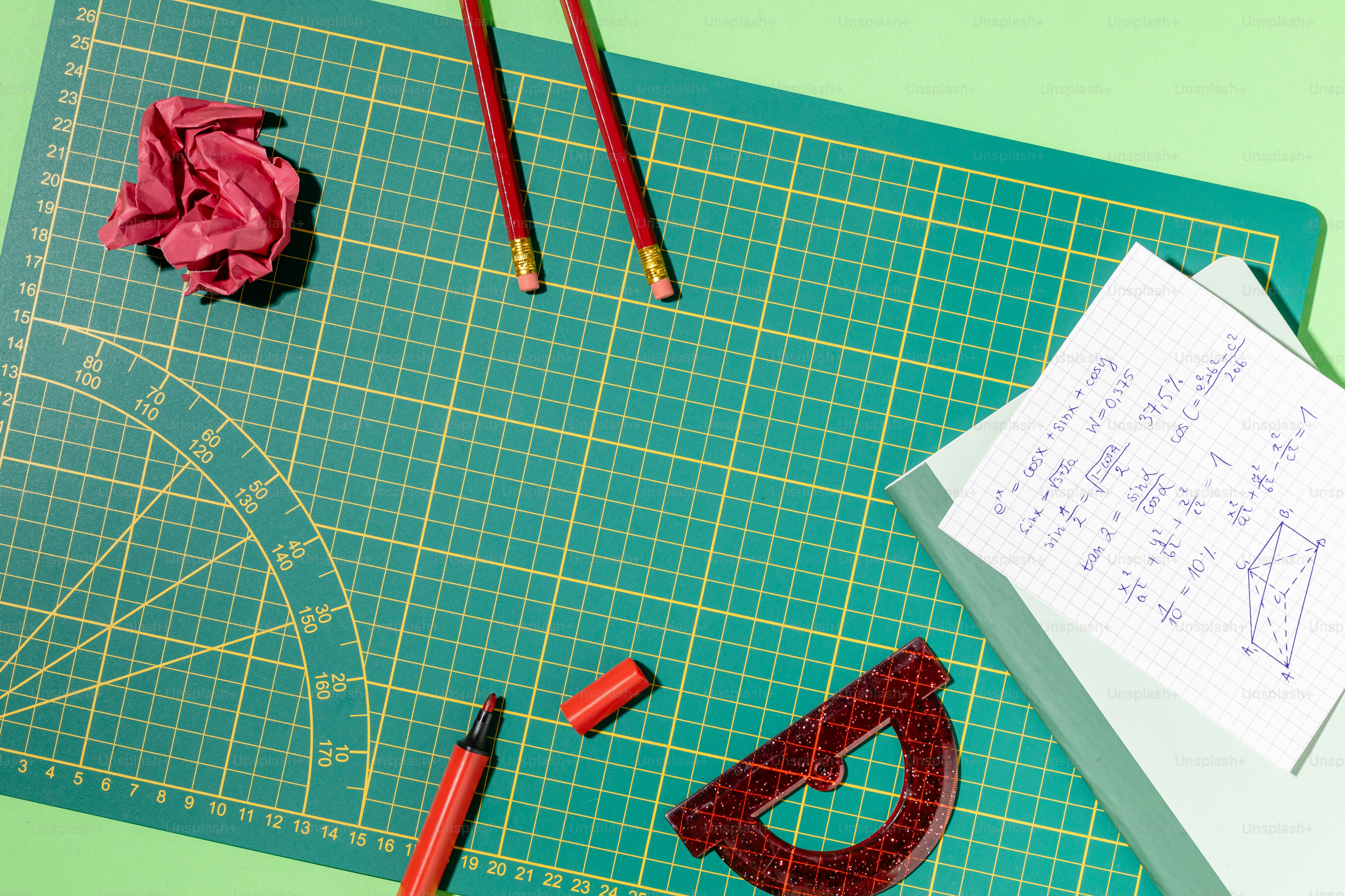 A cutting board with scissors, a piece of paper, and other crafting supplies