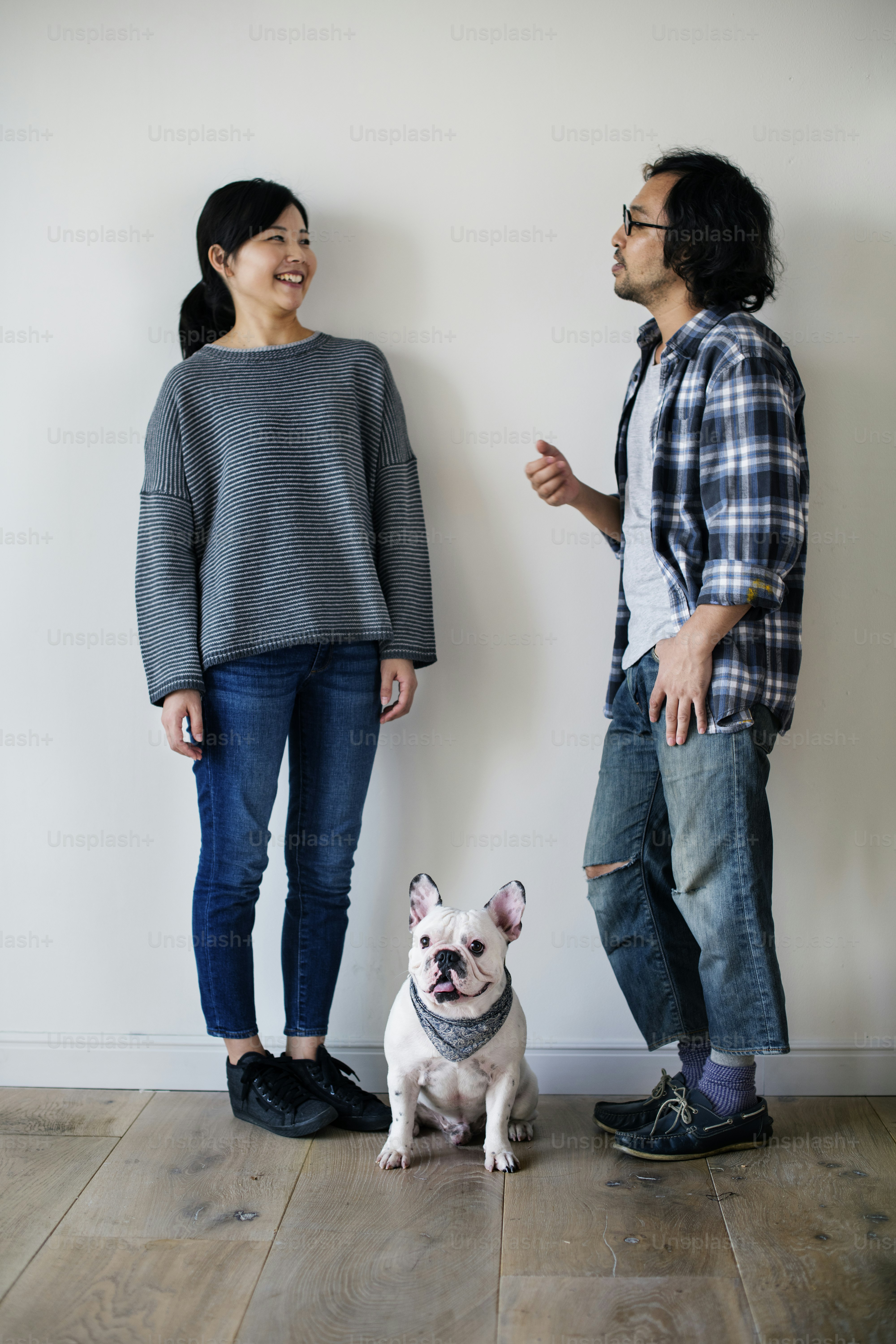 Asian couple with French bulldog