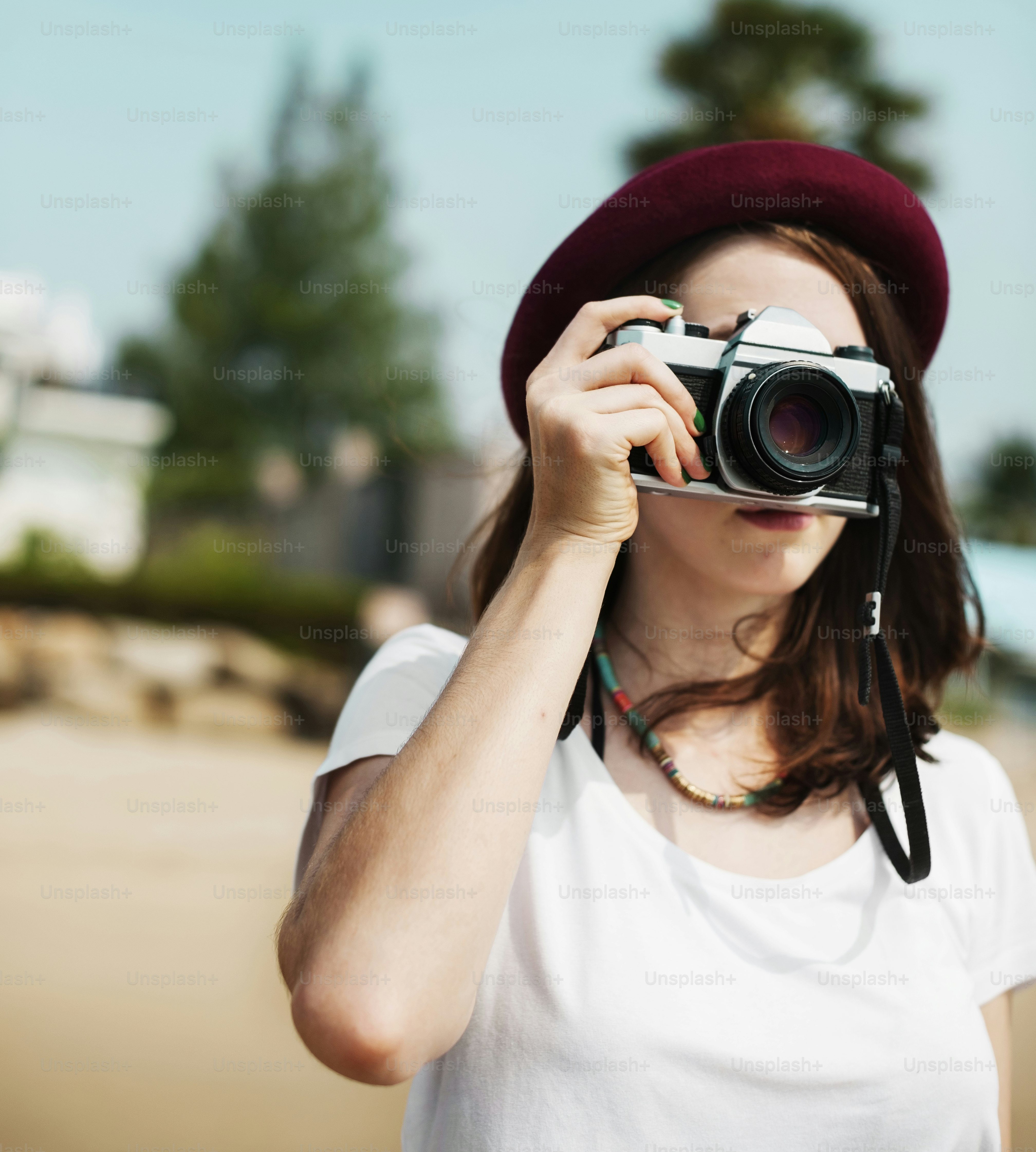 Mädchen Kamera Fotograf Fokus Fotografieren Natur Konzept