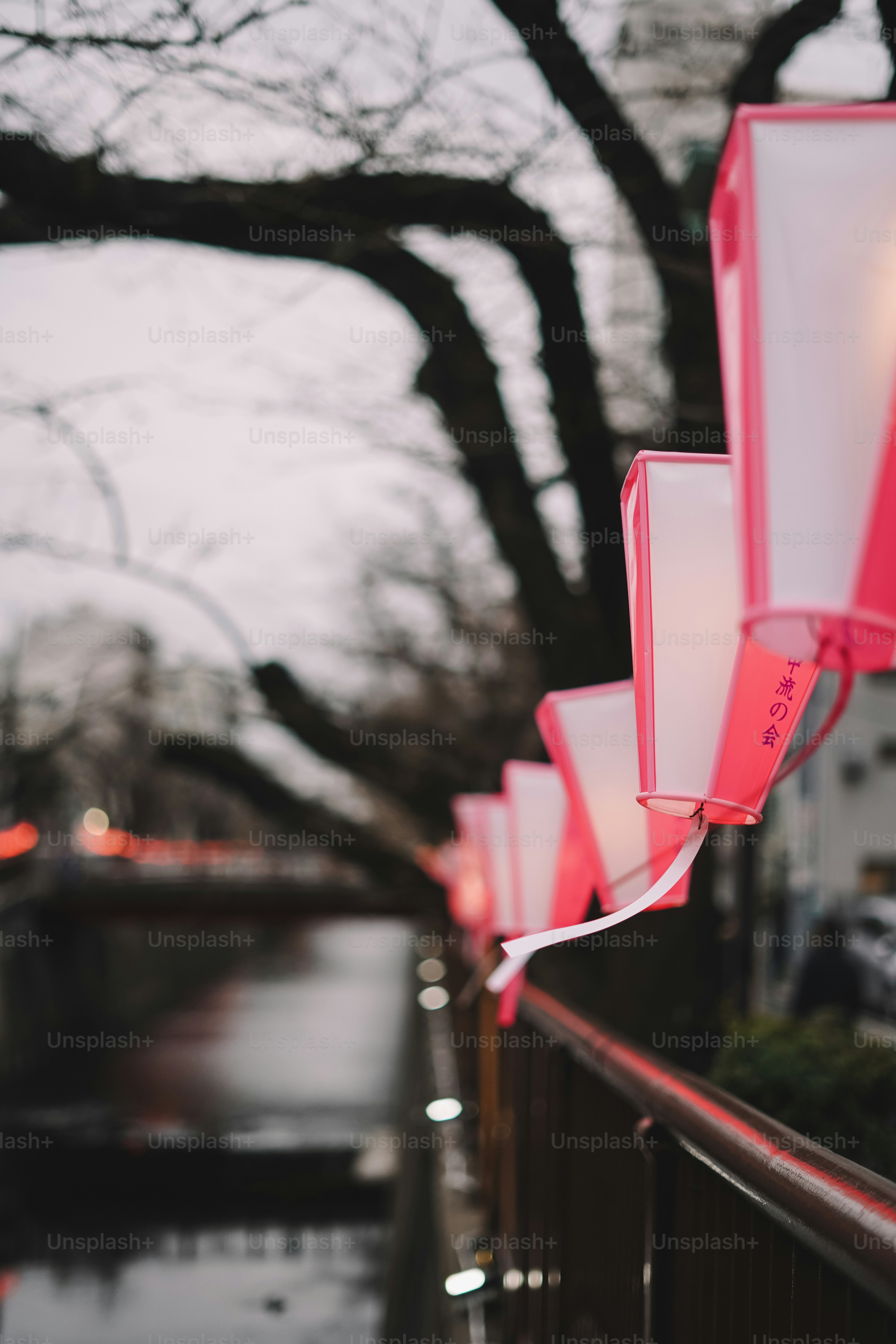A row of pink lanterns hanging from a fence