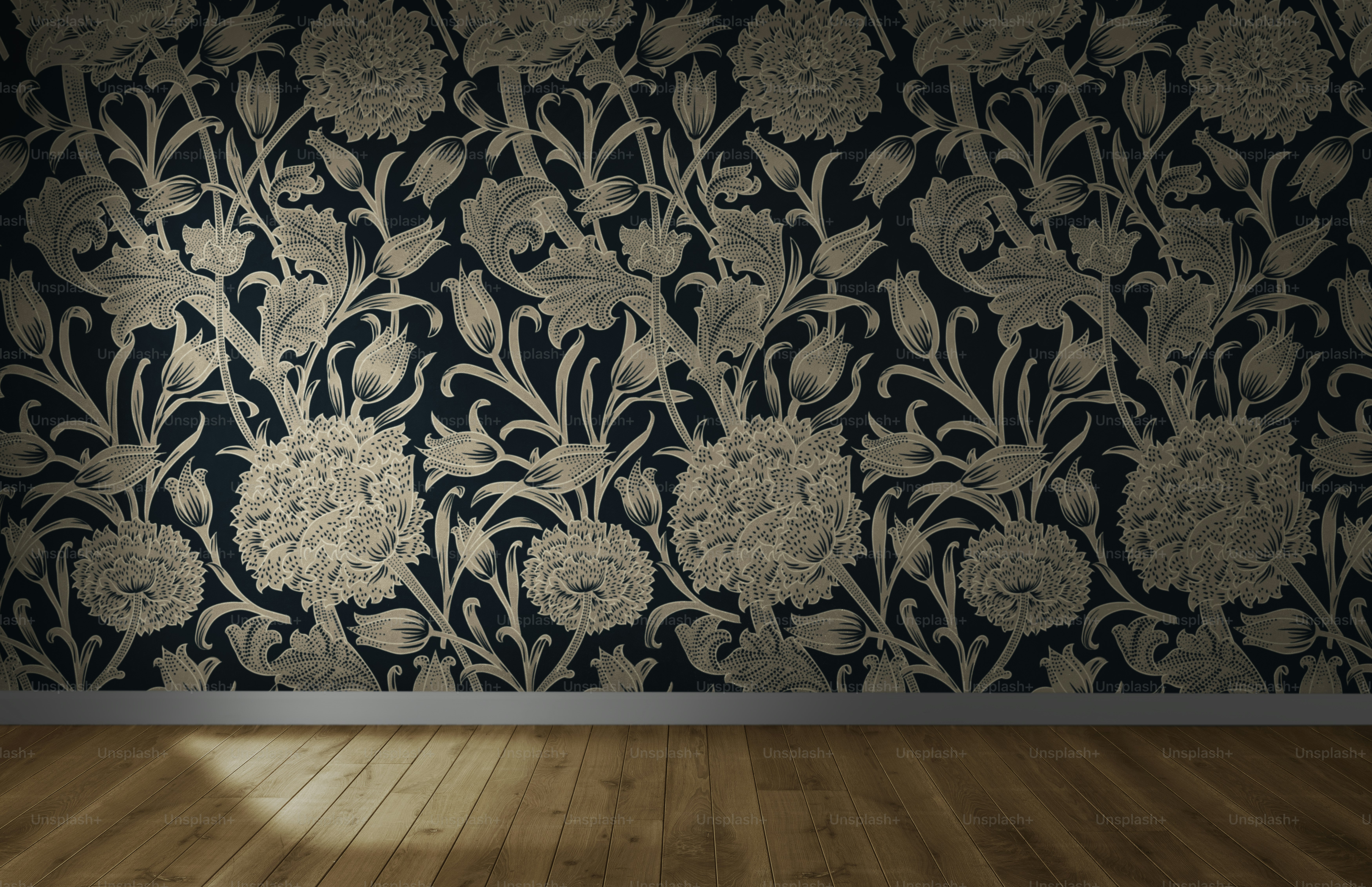 Floral wallpaper in an empty room with wooden floor