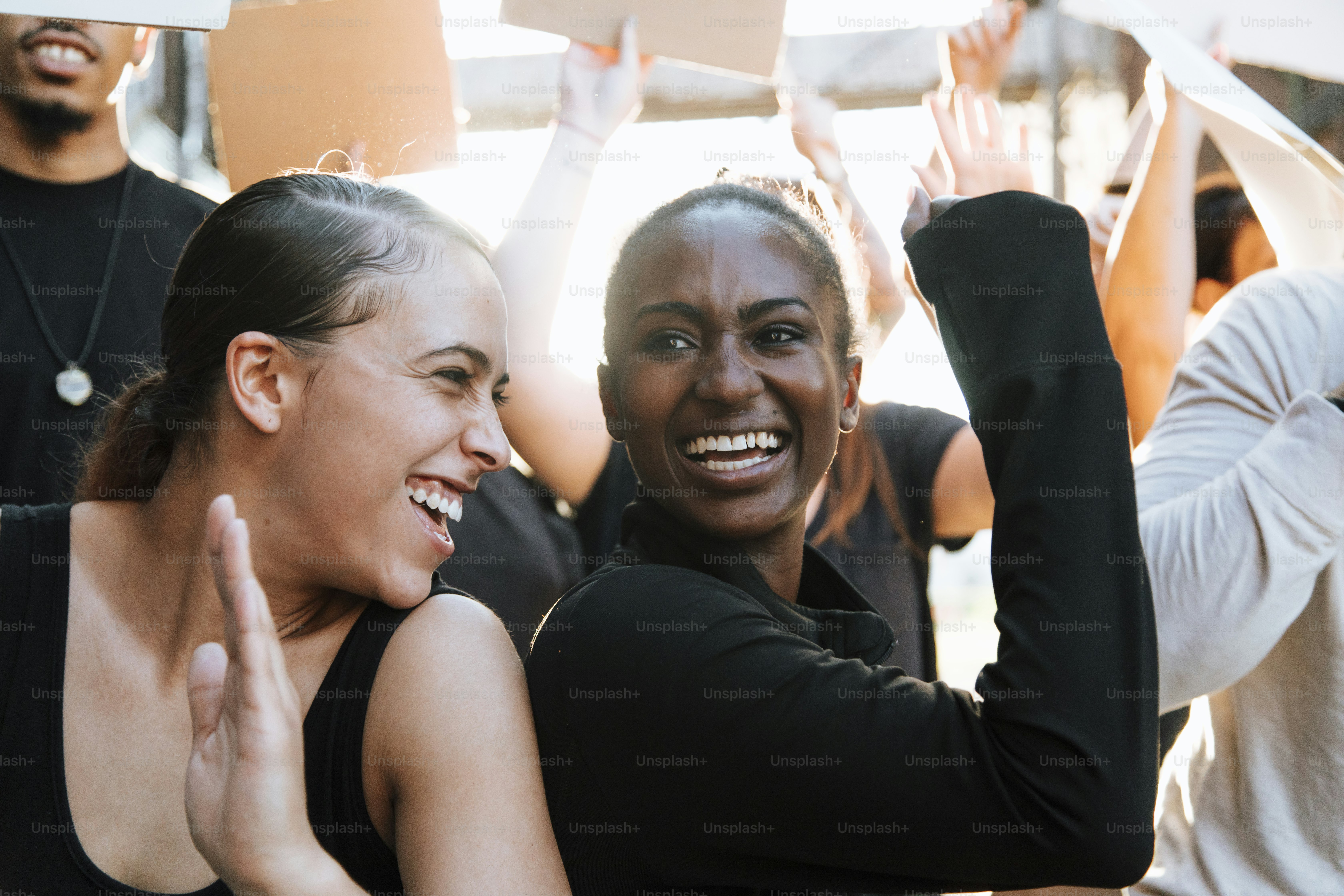 Happy activists marching through the city