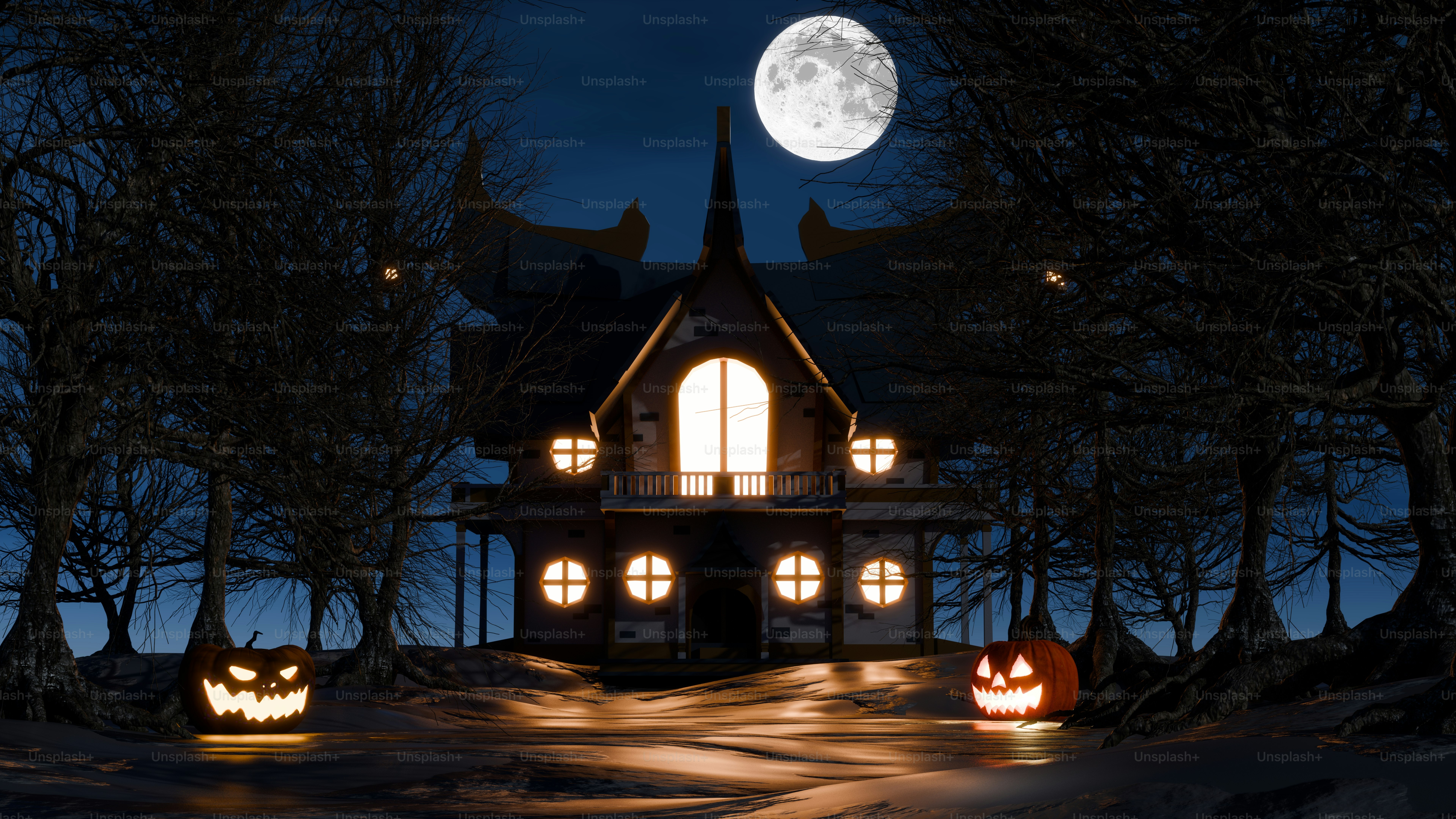 A house with pumpkins lit up in front of it