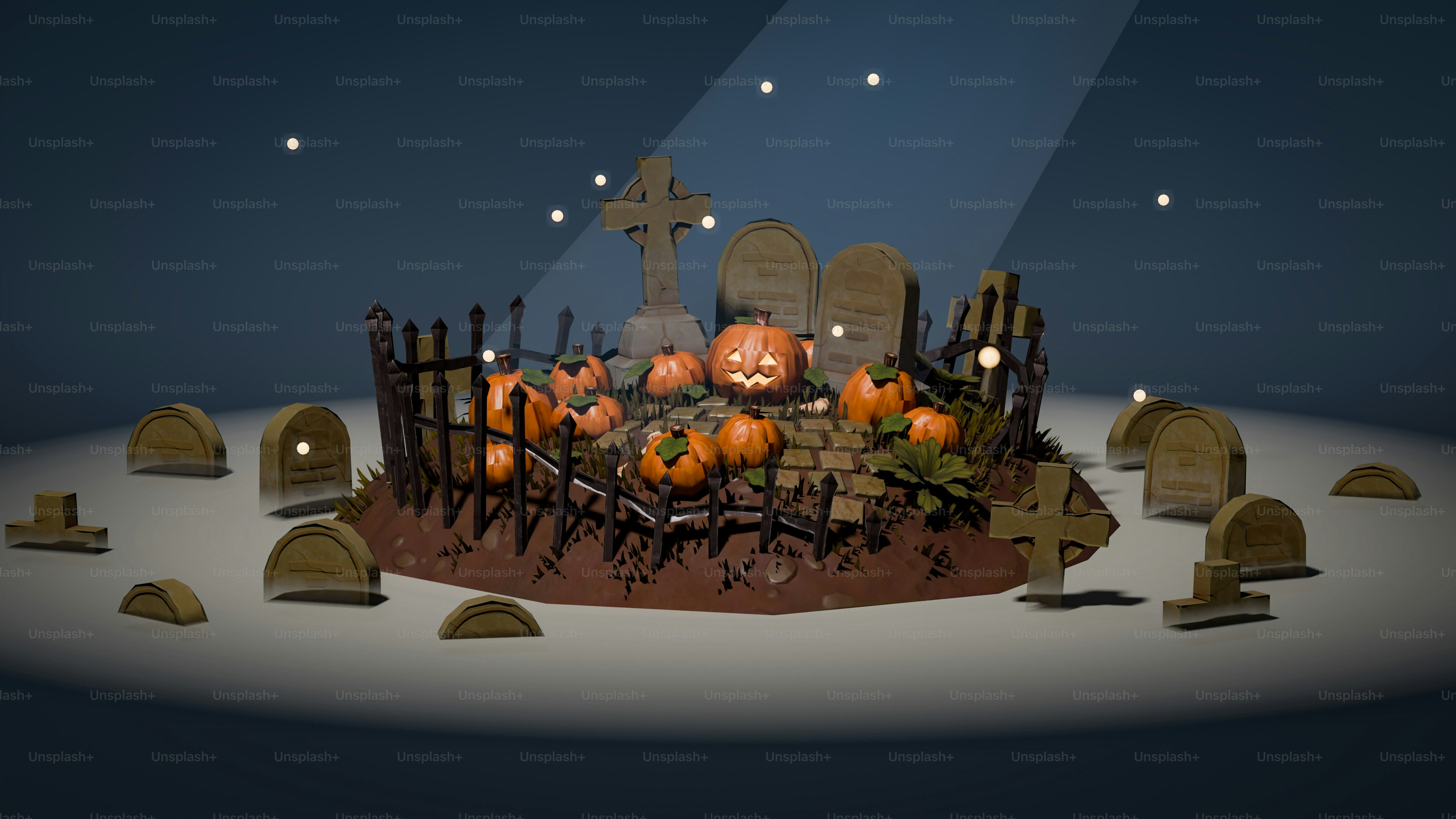 A halloween scene with pumpkins in a graveyard