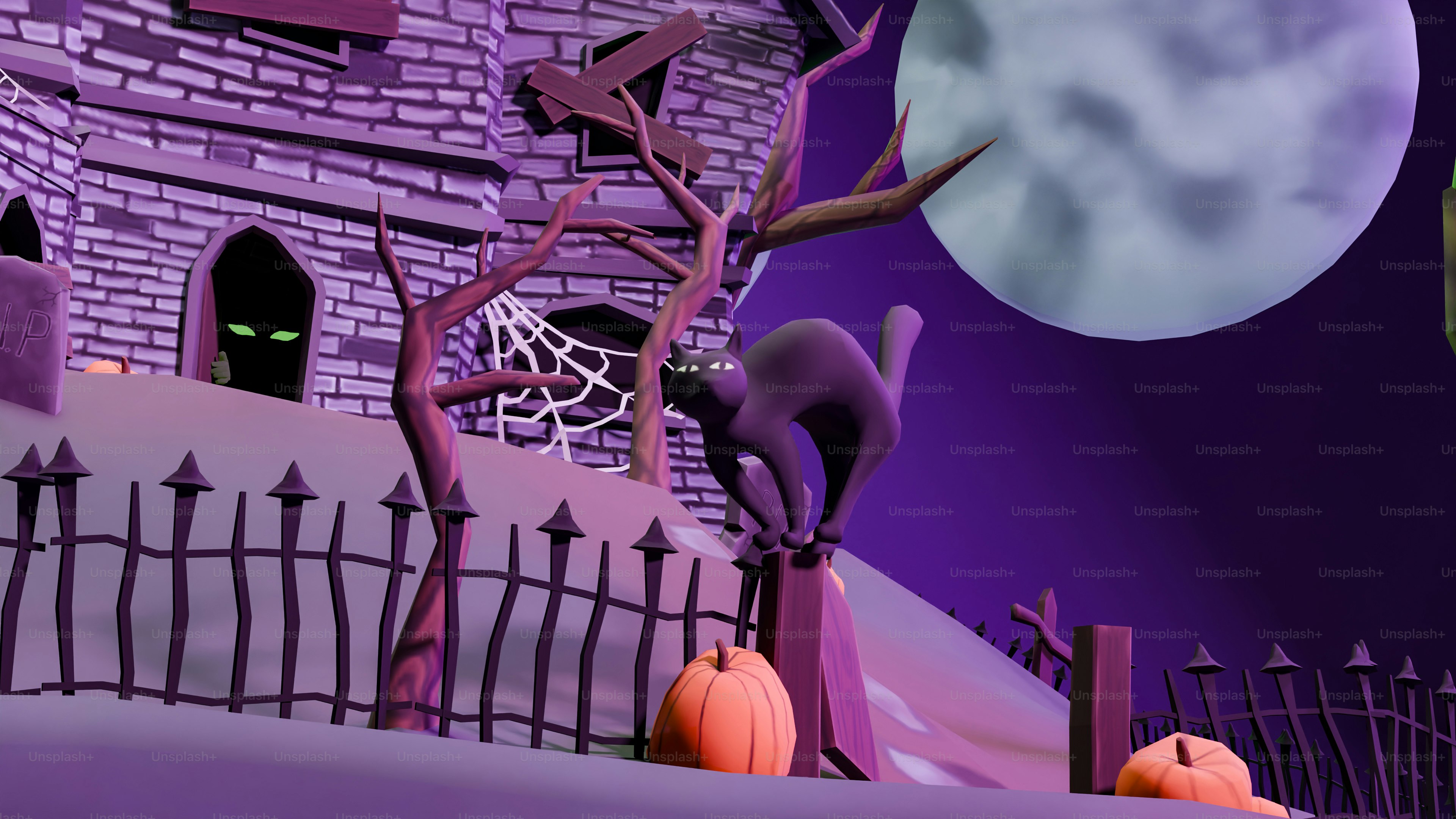 A halloween scene with a castle and pumpkins