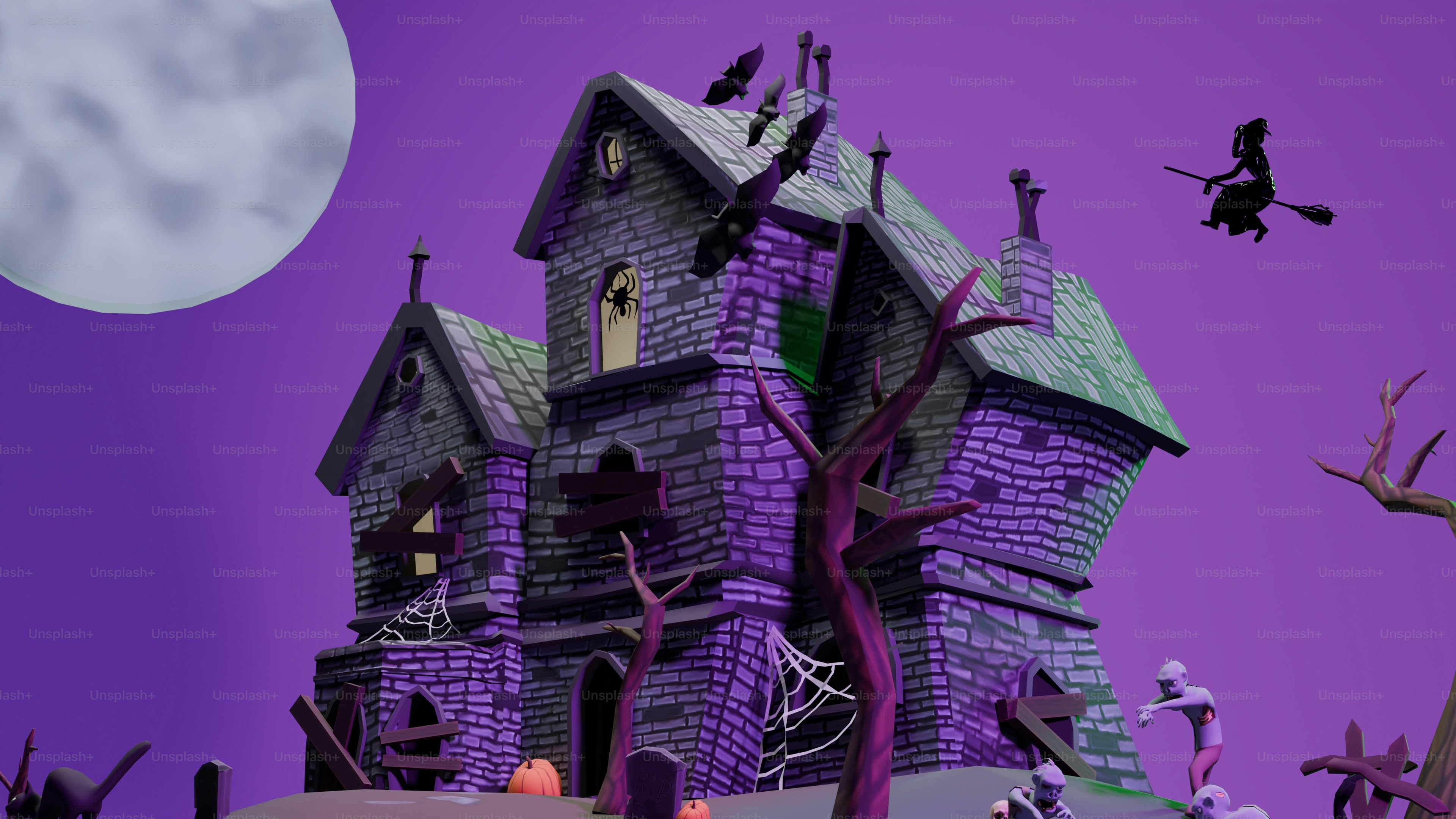 A spooky house with a full moon in the background