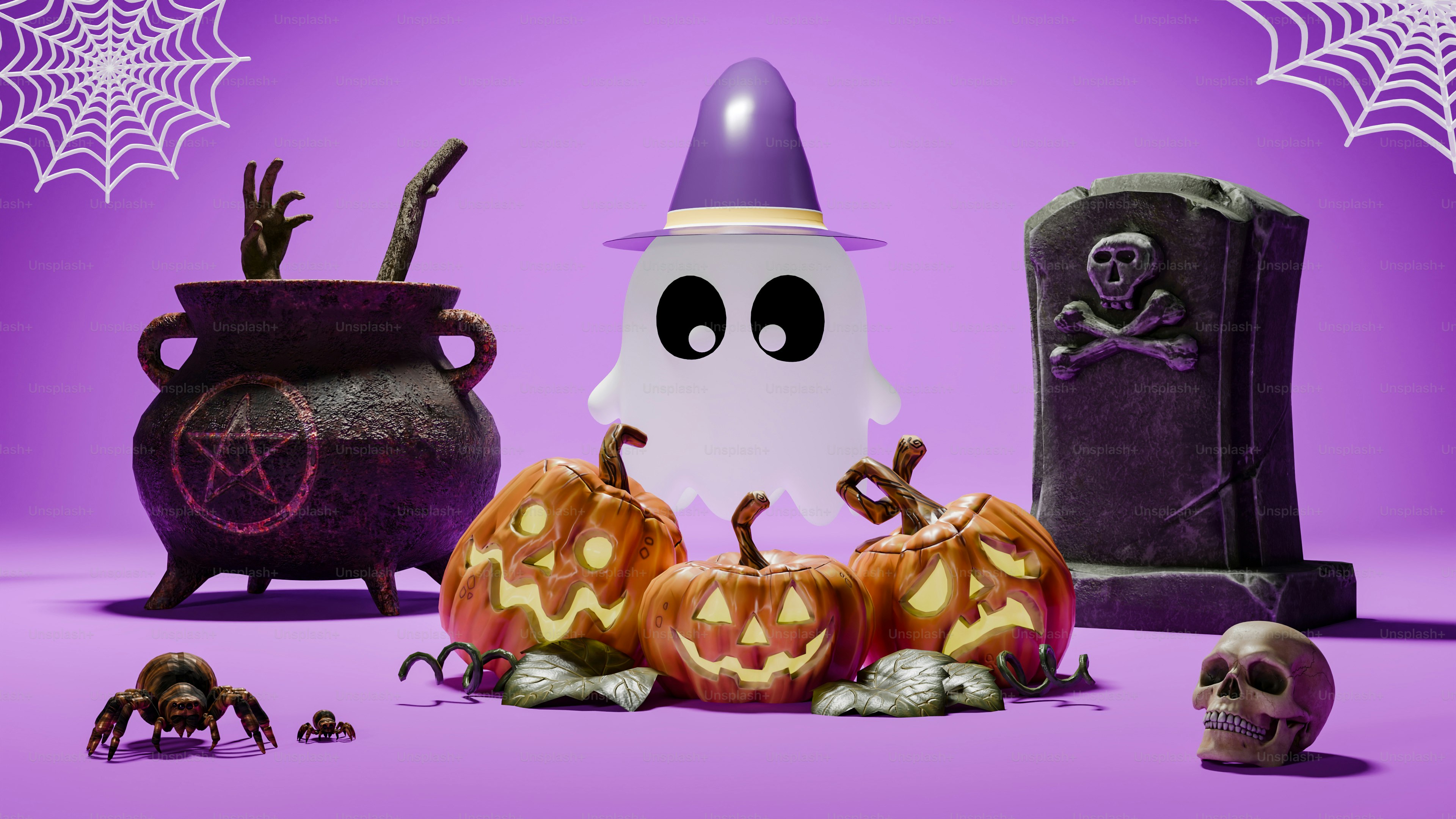 A group of halloween decorations on a purple background