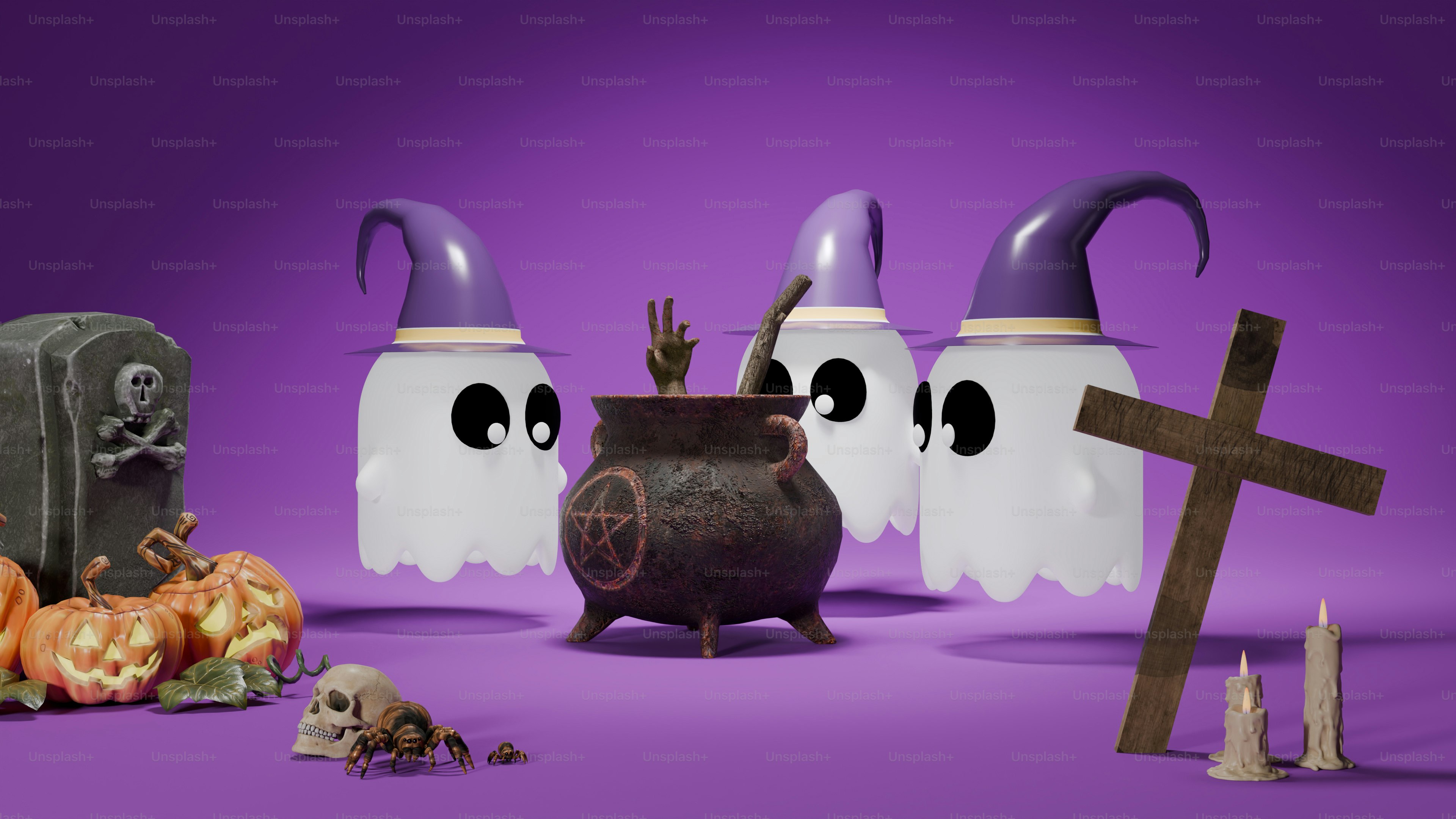 A group of halloween decorations on a purple background