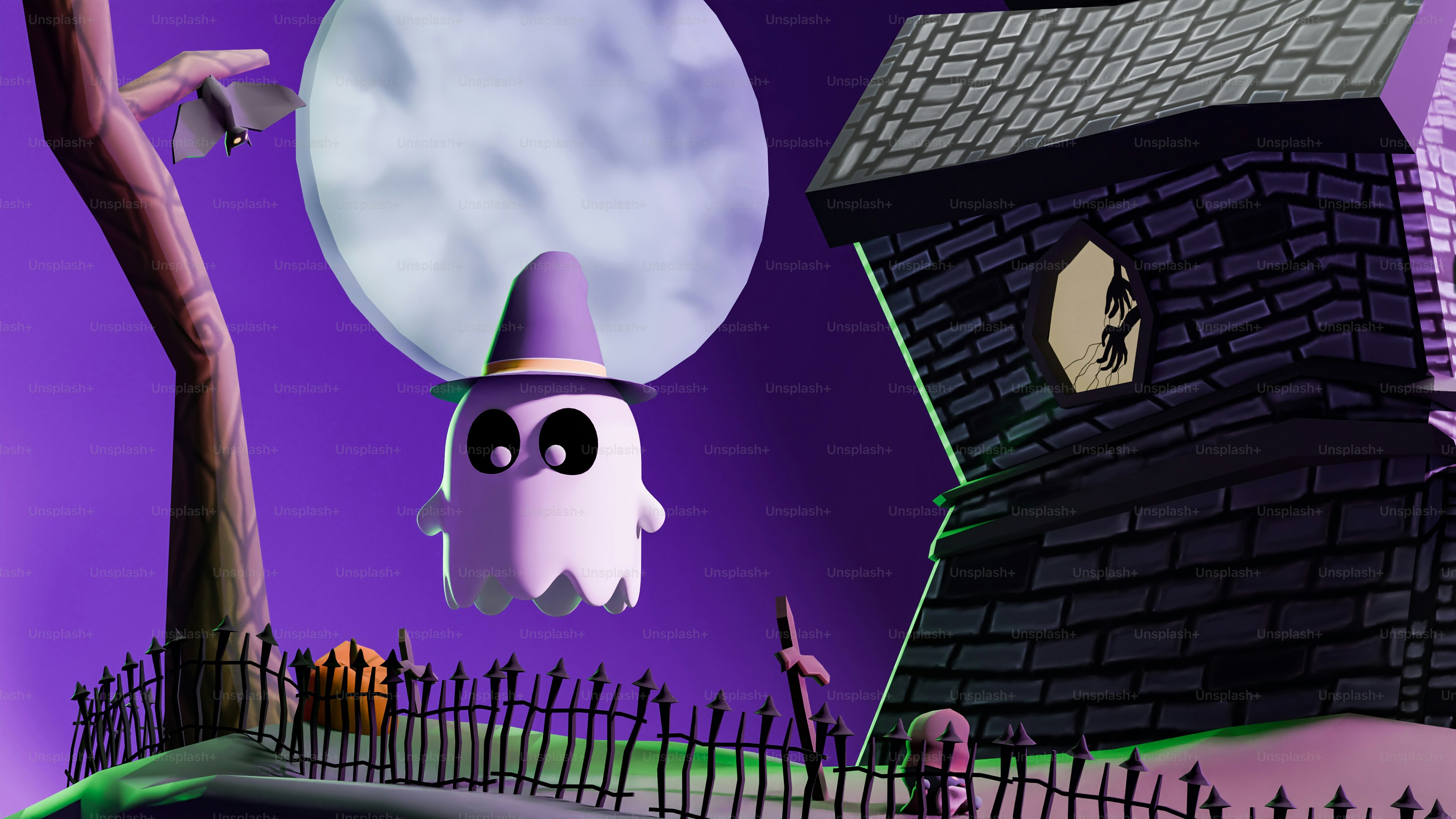 A halloween scene with a ghost and a house