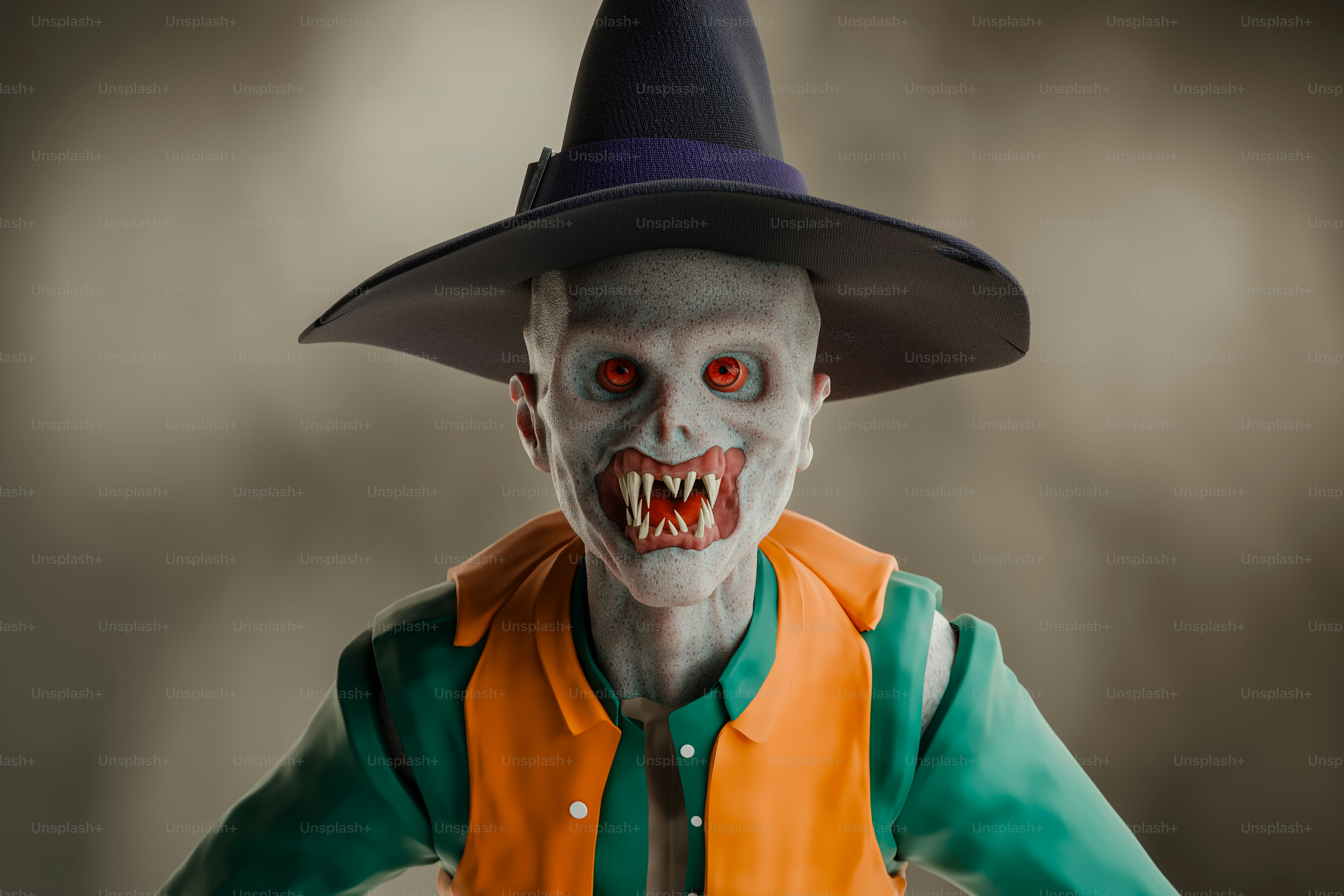 A man dressed as a zombie wearing a witches hat
